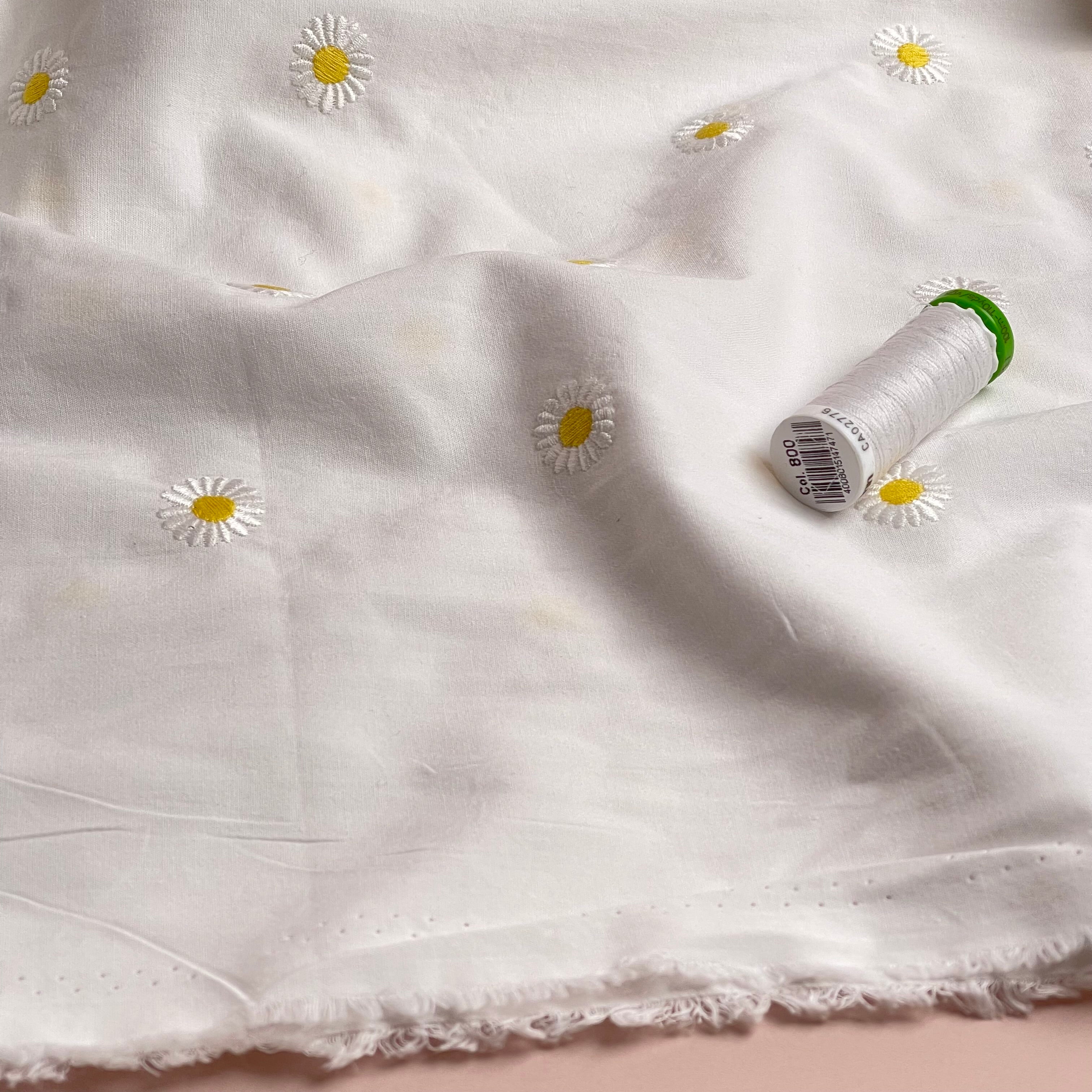 Embroidered Daisies on White Cotton Poplin