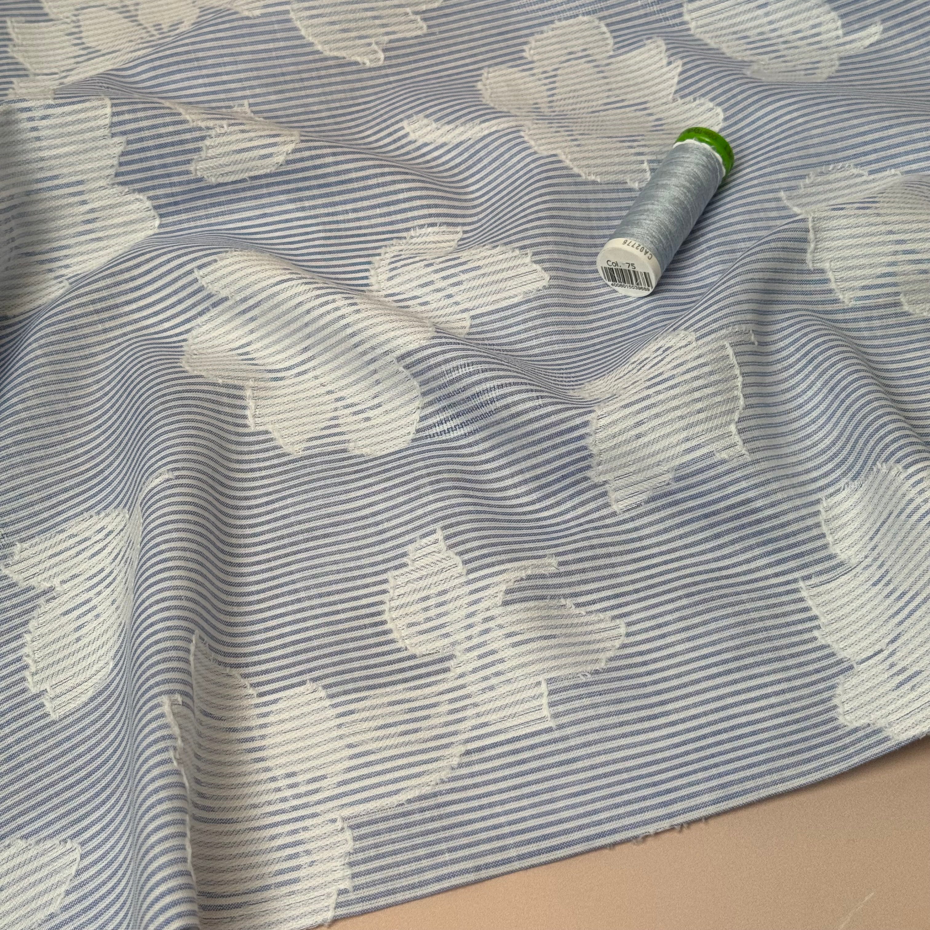 Patched Flowers on Blue Stripe Cotton Fabric