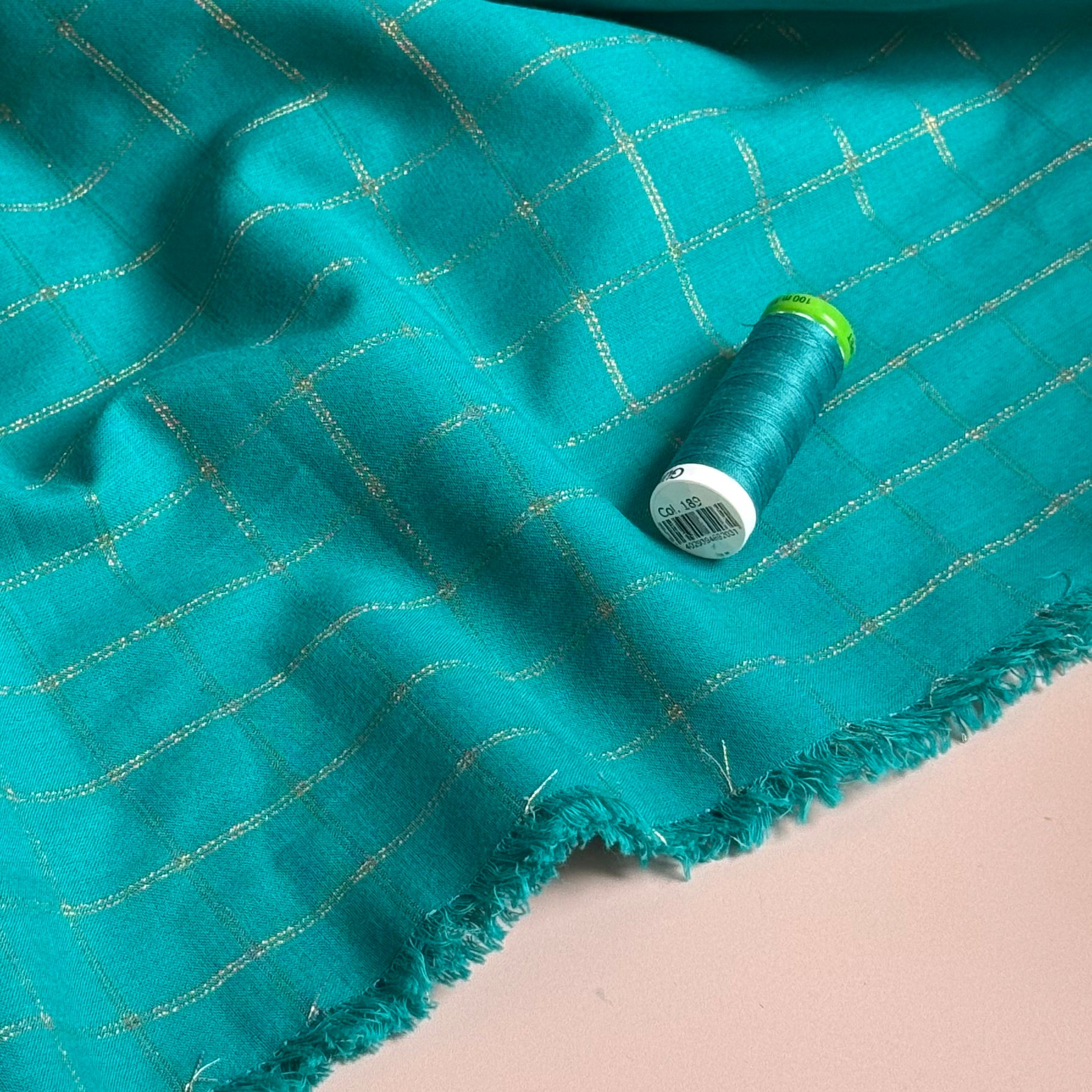 Ex Designer Deadstock - Gold Lurex Check on Teal Cotton Fabric