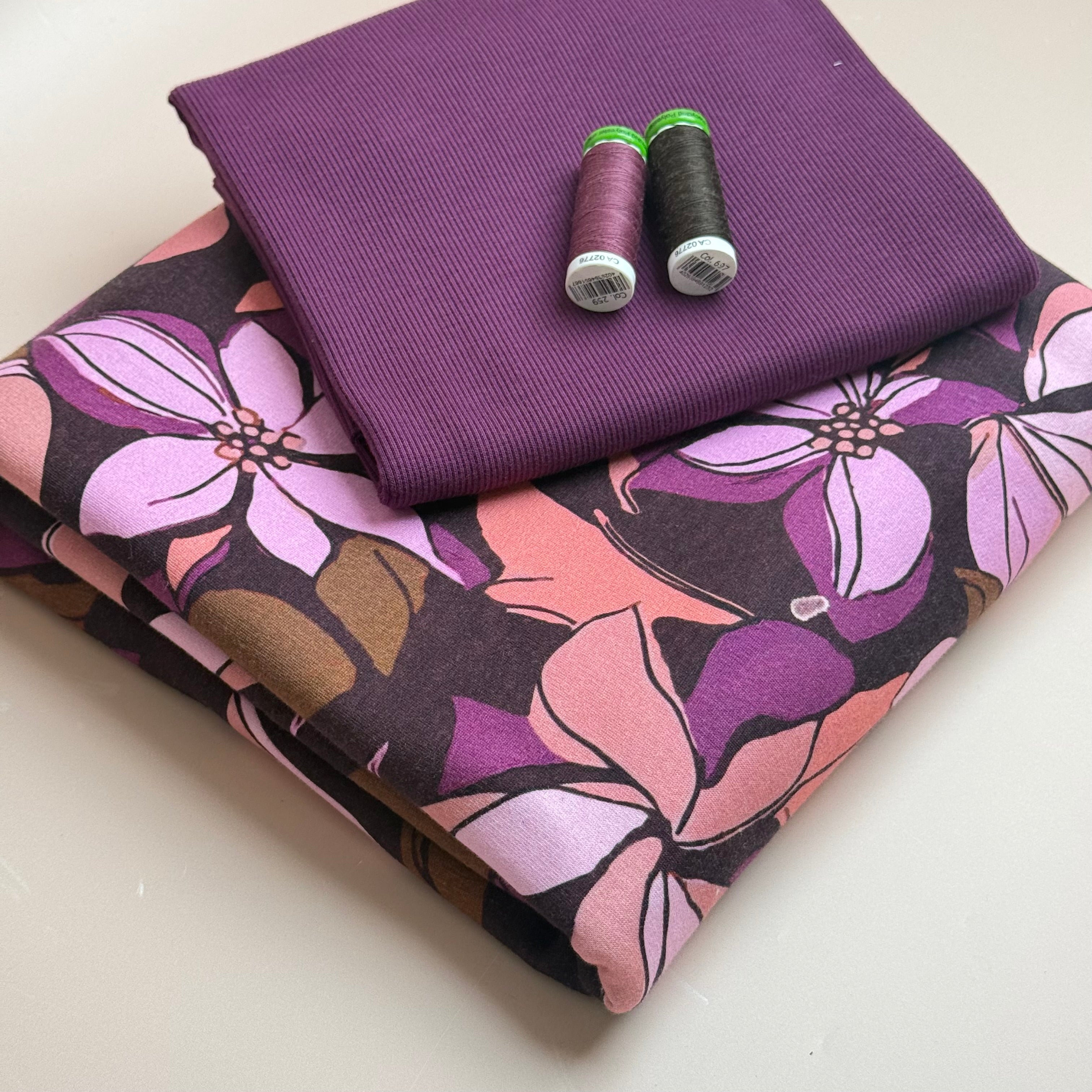 Colour Bundles - Lilies Bordeaux Cotton Sweatshirting & Matching Ribbing