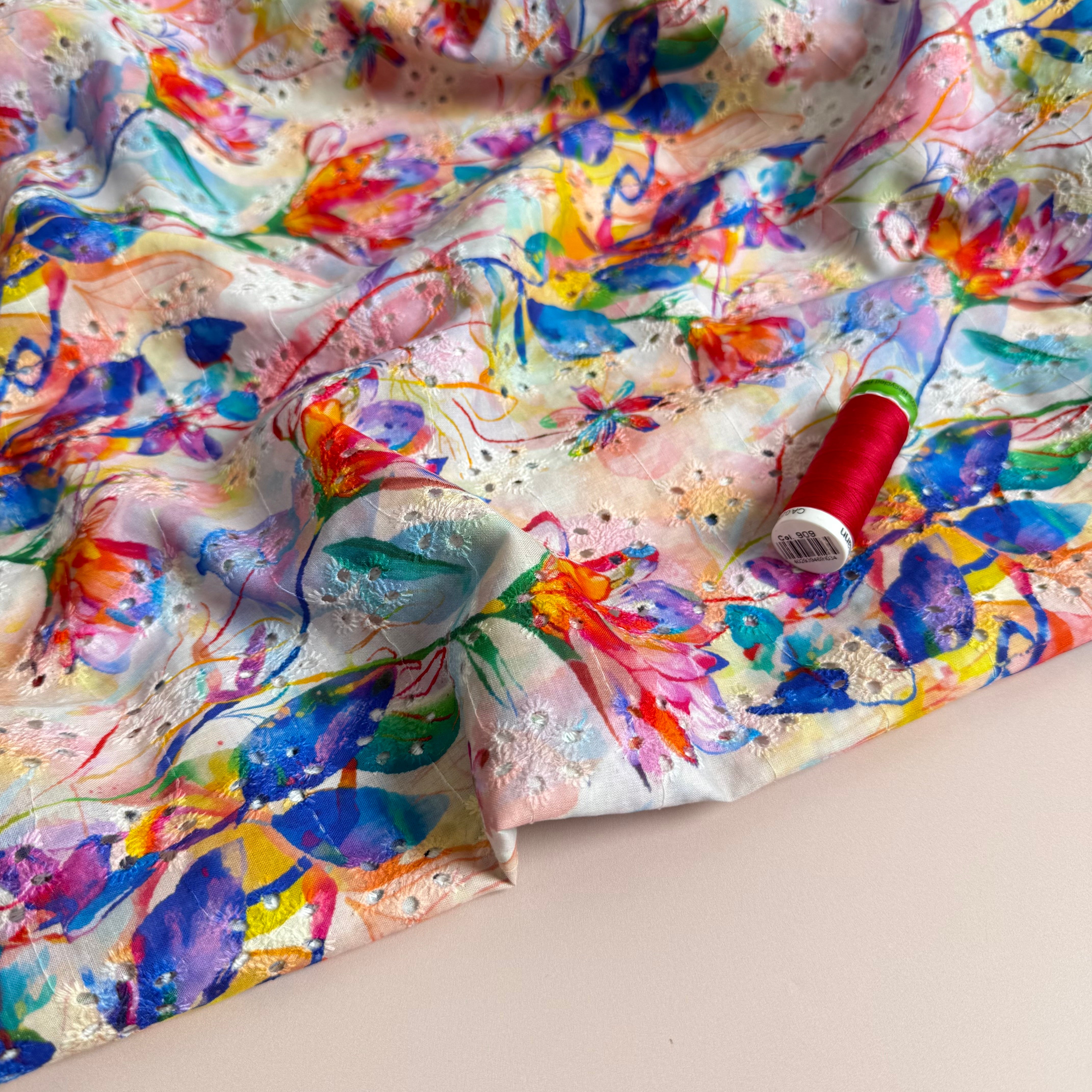Rainbow Flowers on Embroidered Cotton Voile Fabric
