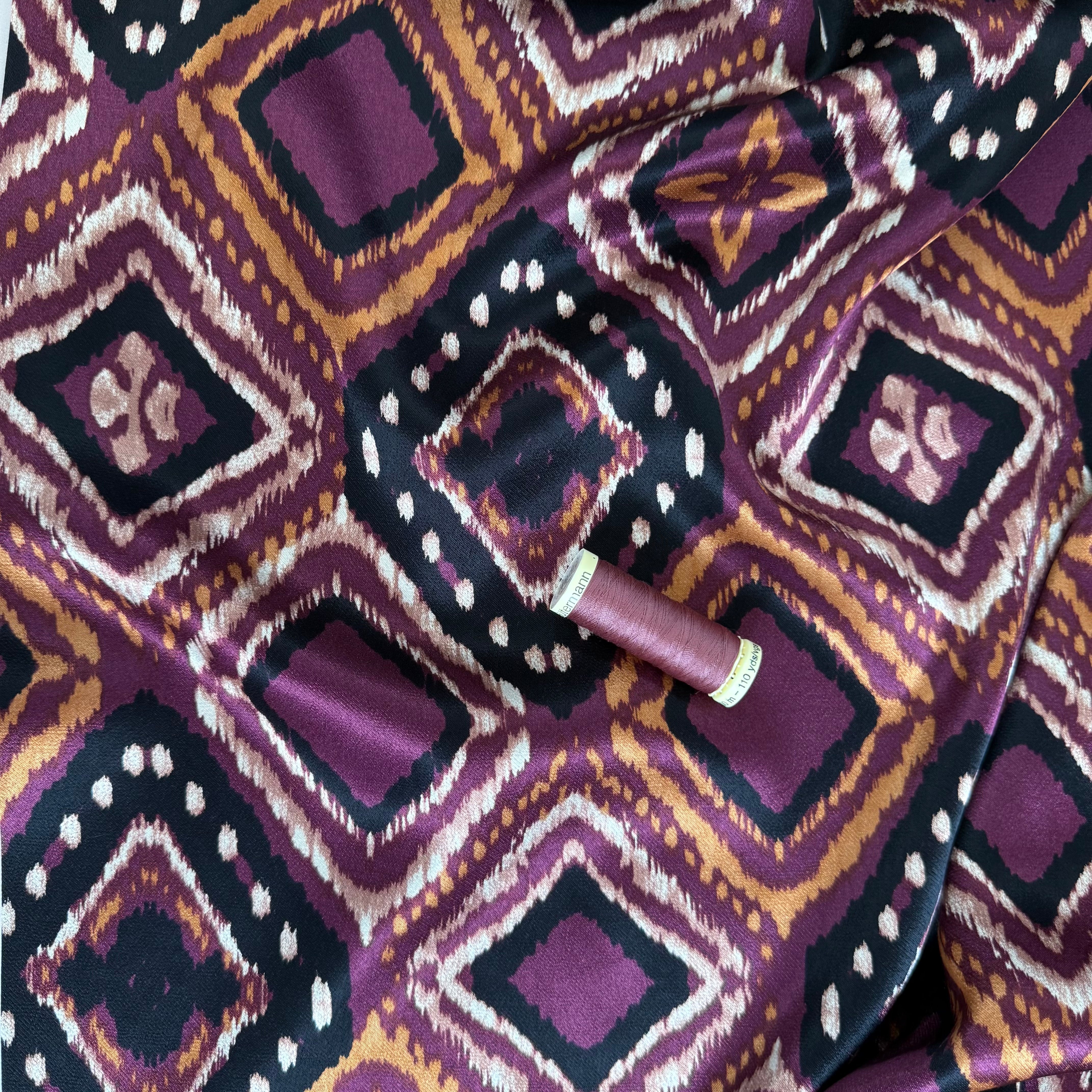 Retro Shapes Wine Spun Viscose Sateen Fabric
