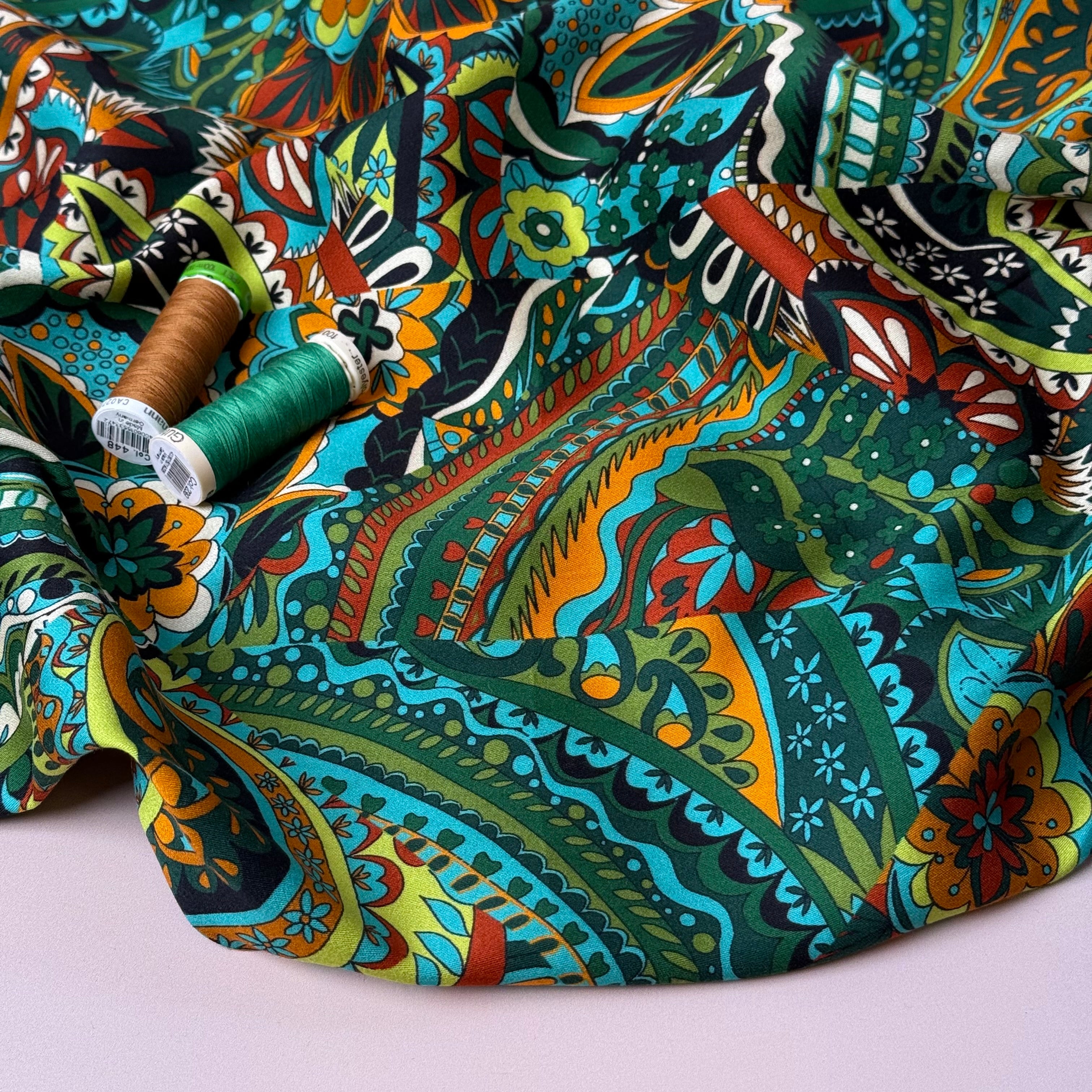 Magical Garden Forest Green Viscose Sateen Fabric