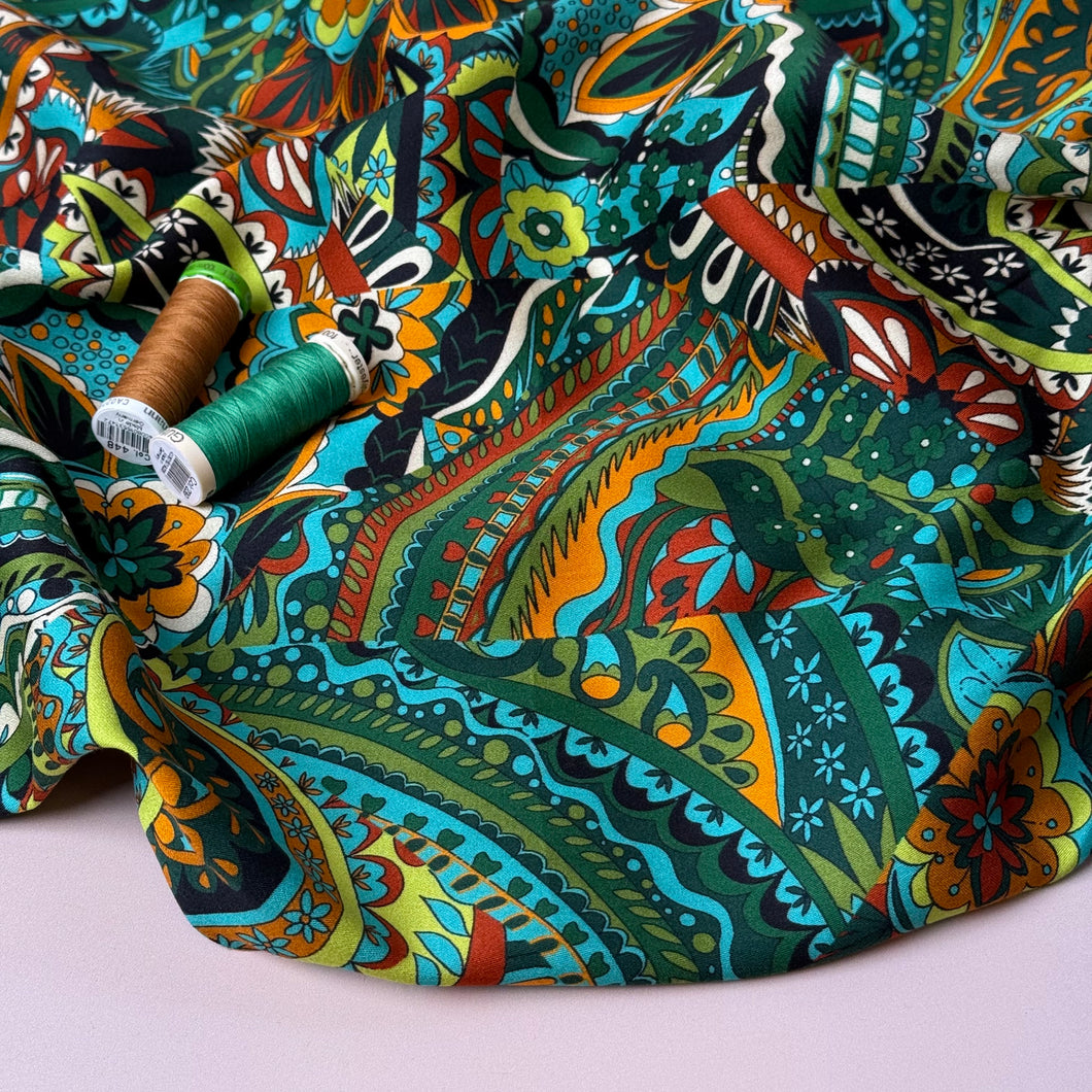 Magical Garden Forest Green Viscose Sateen Fabric