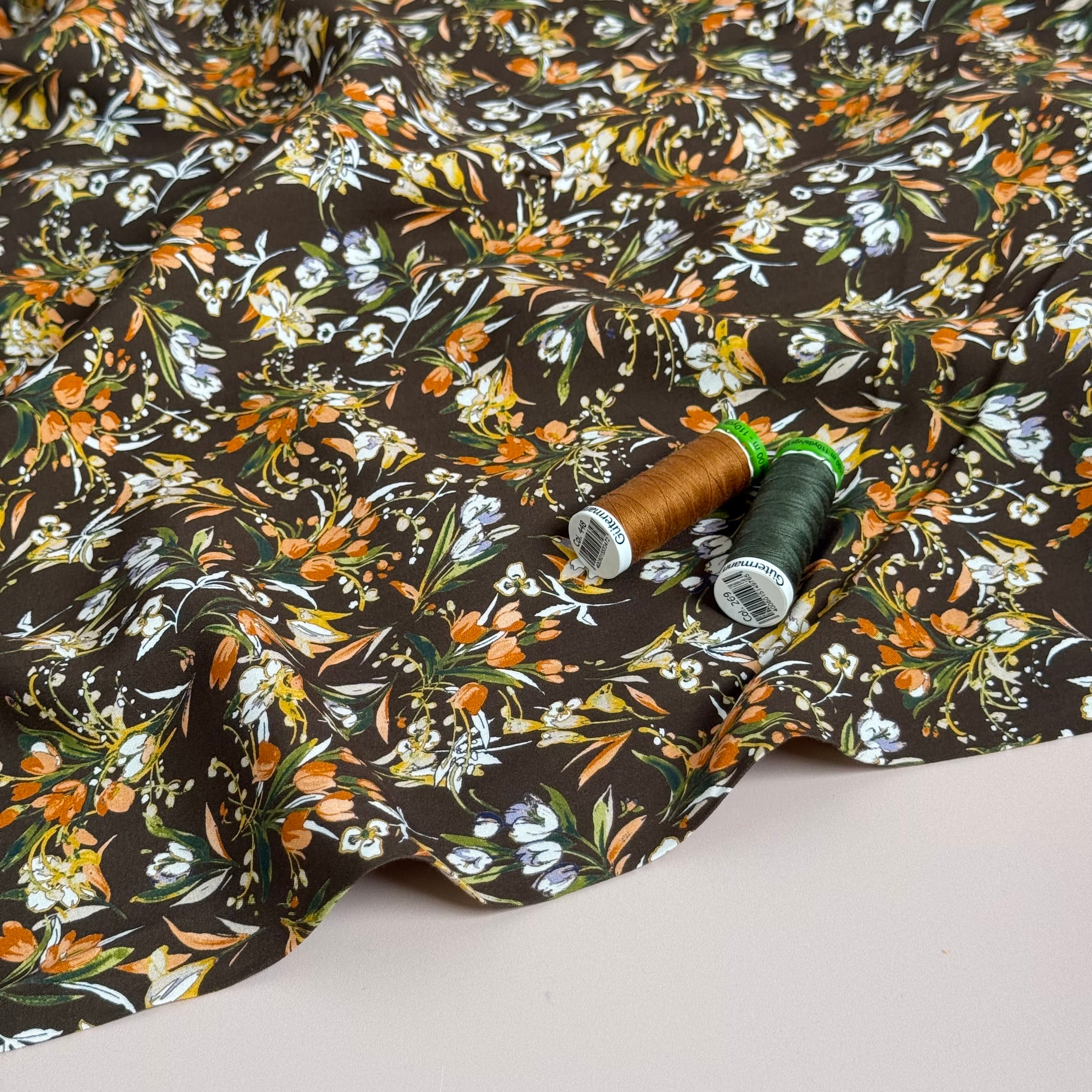 Tulip Bouquet on Brown Viscose Poplin Fabric