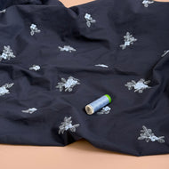 Embroidered Blue Flowers on Navy Cotton Fabric