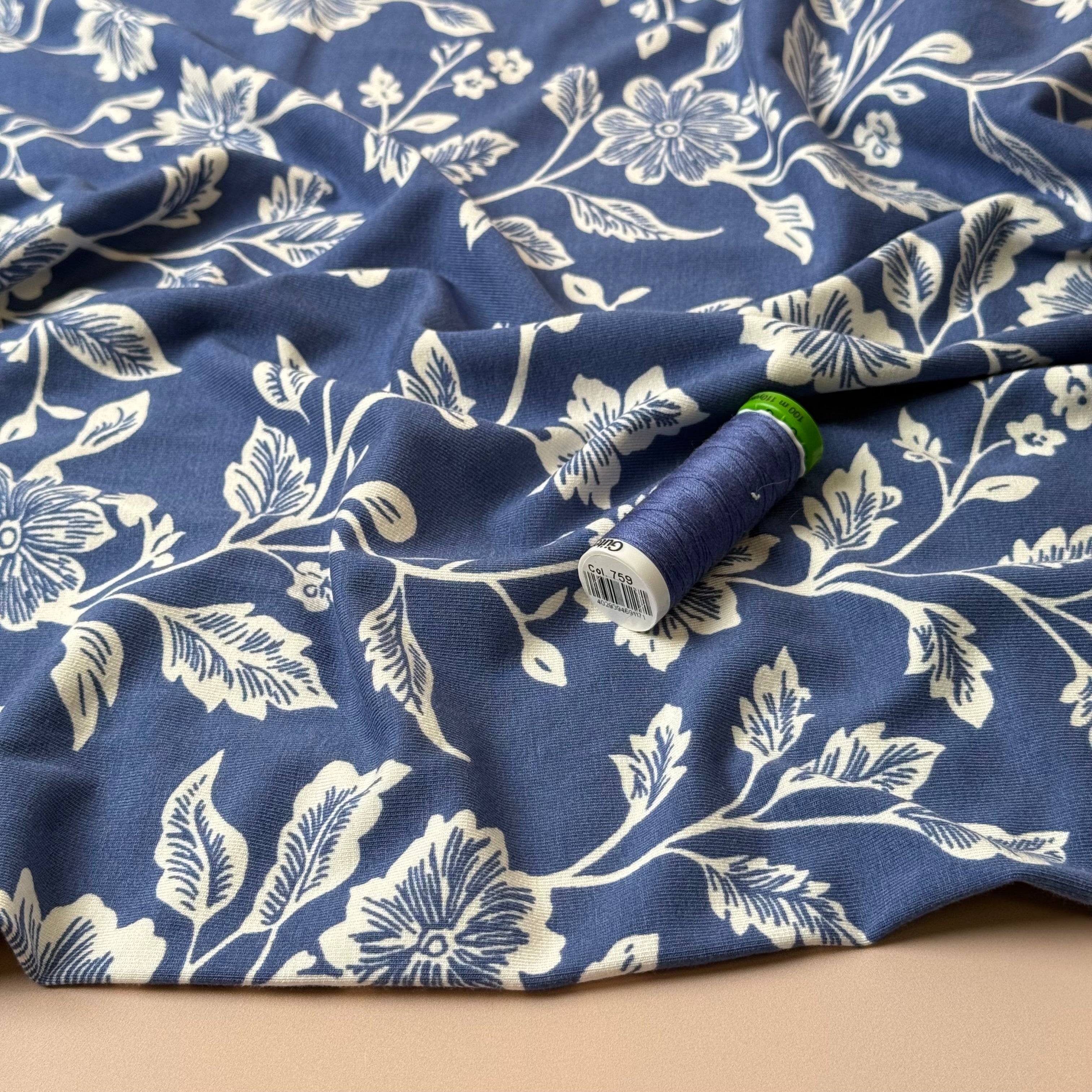 Flowers on Coastal Blue Viscose Jersey Fabric