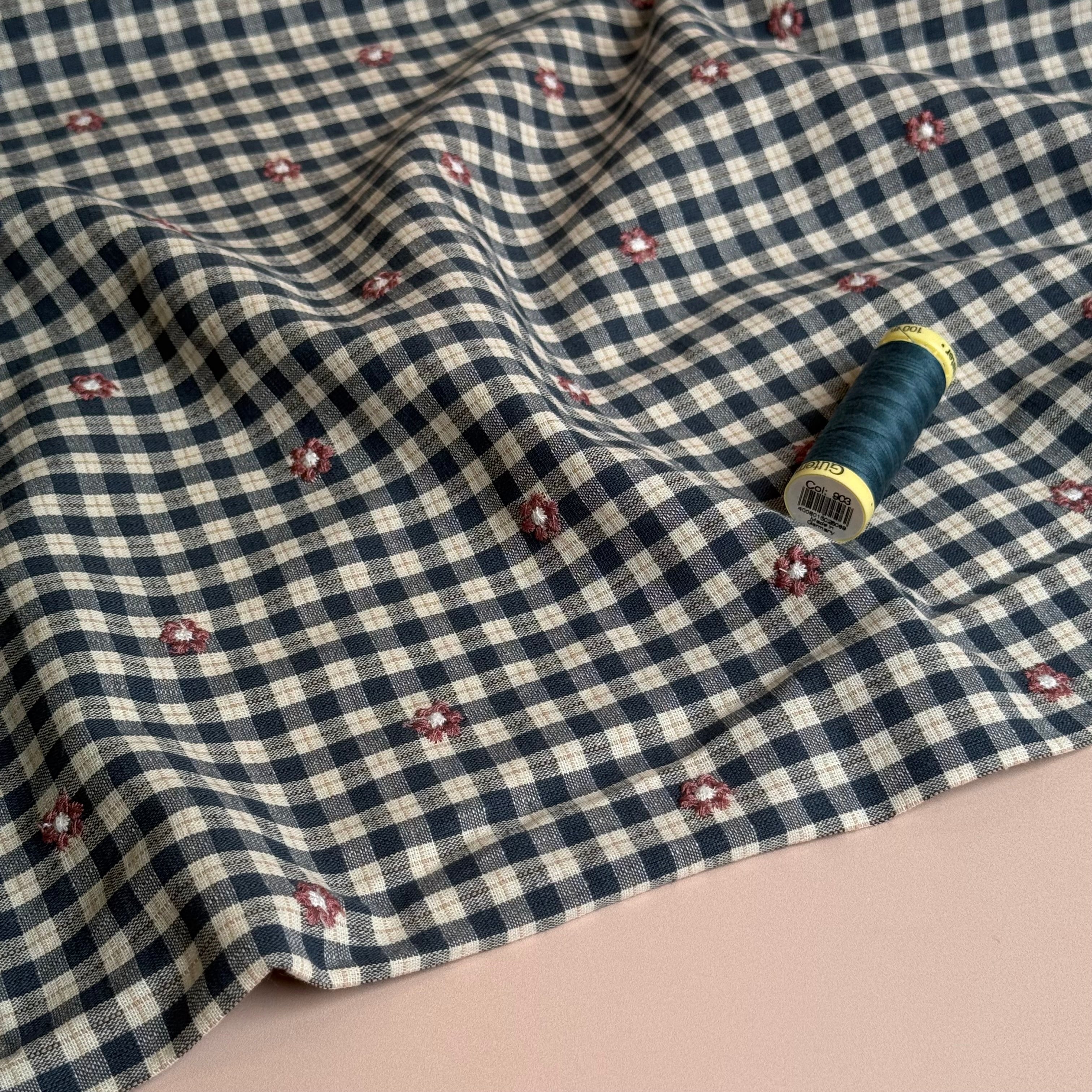 PRE-ORDER (arriving by end of October) - Embroidered Flowers on Petrol Gingham Cotton Viscose Fabric