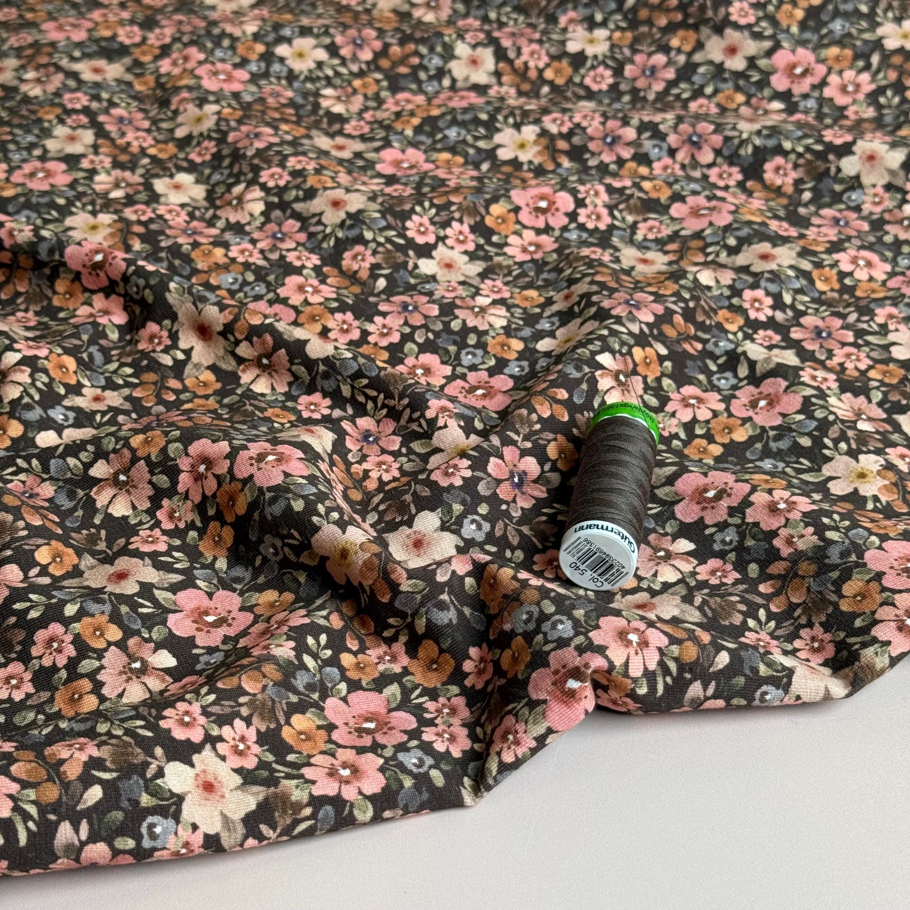 Ditsy Autumn Flowers on Brown Cotton Jersey Fabric