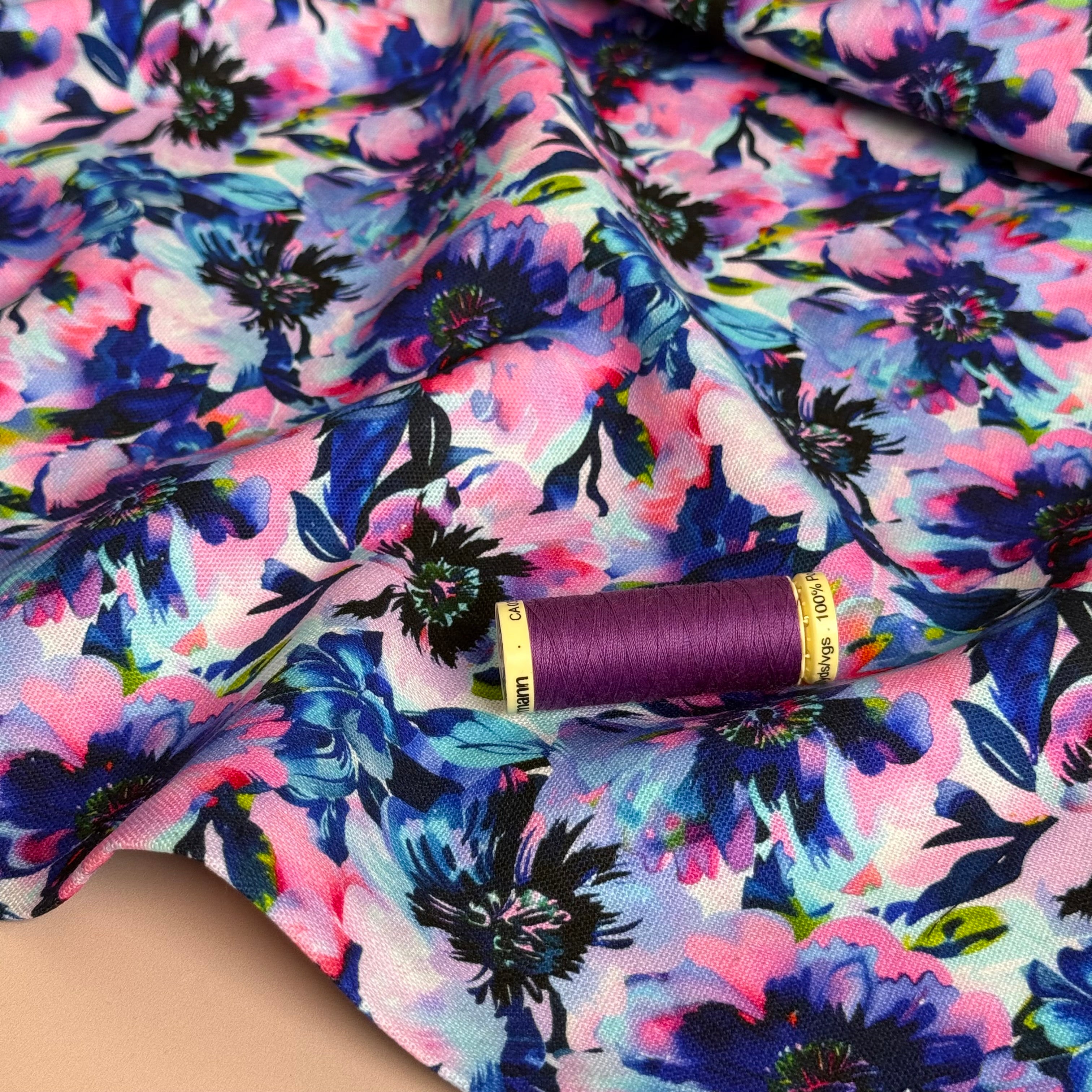 Purple Flowers Viscose Linen Fabric