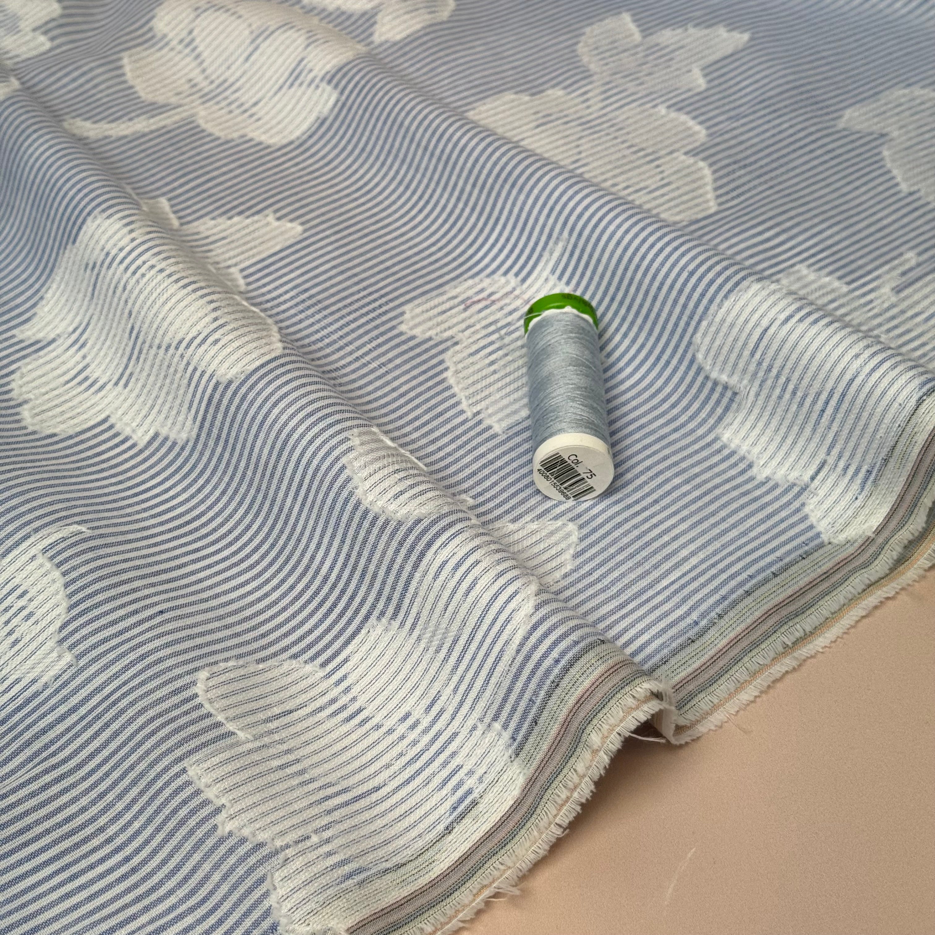 Patched Flowers on Blue Stripe Cotton Fabric