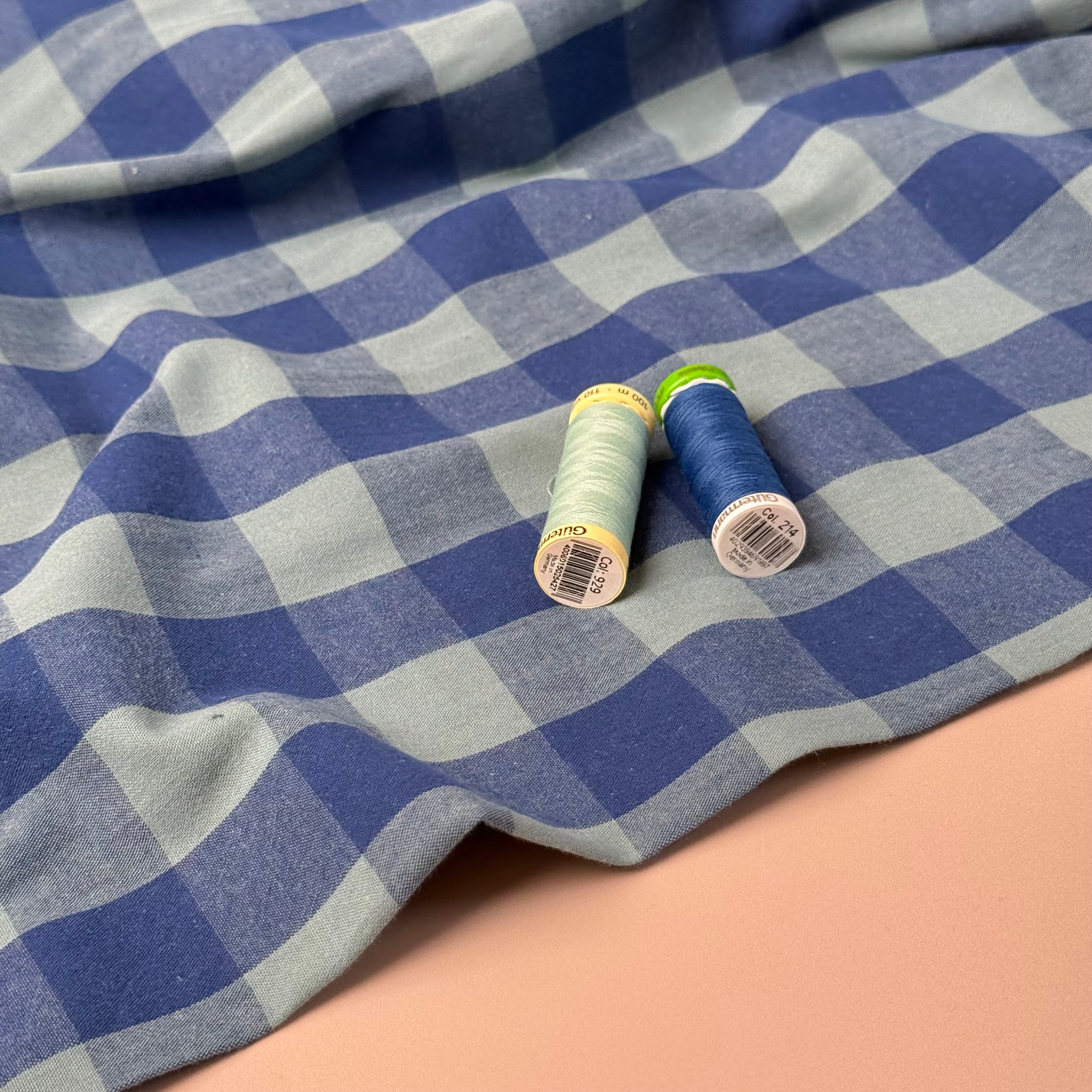 Yarn Dyed Washed Cotton Check Fabric in Blue and Sage Green