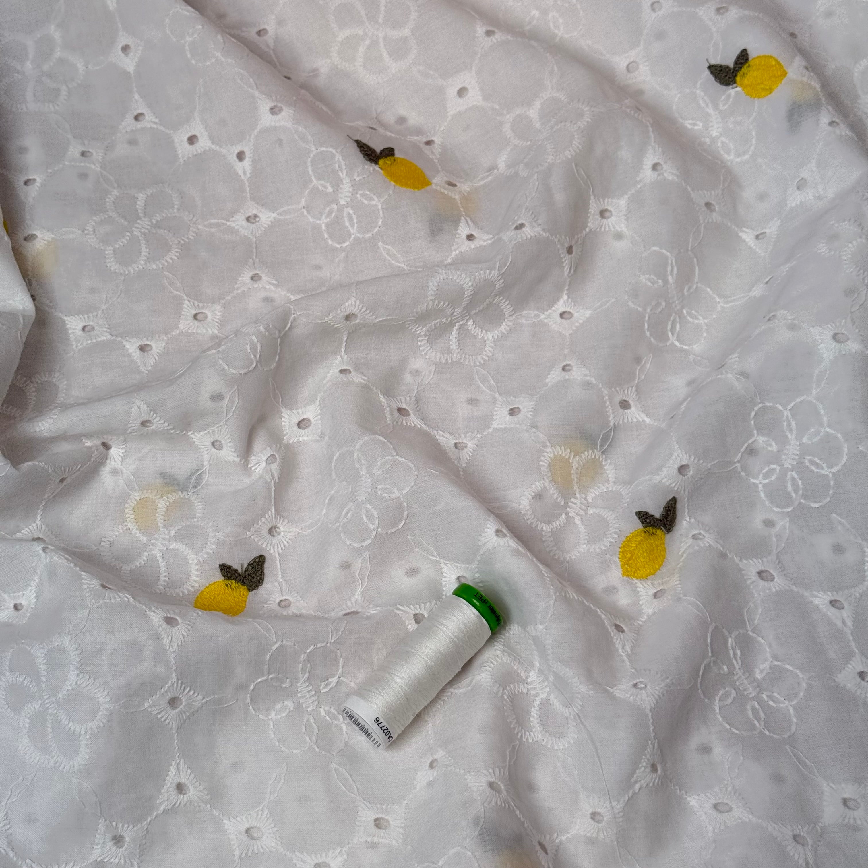Embroidered Lemons White Cotton Voile Fabric