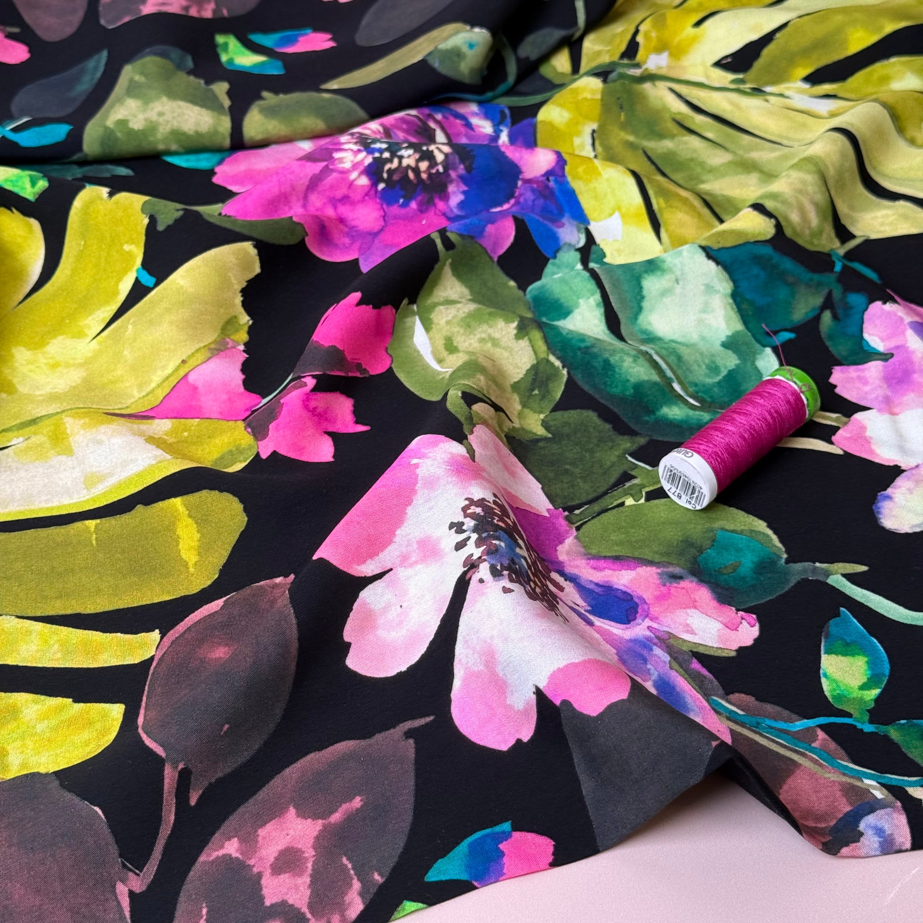 Winter Blooms with Pink Viscose Poplin Fabric