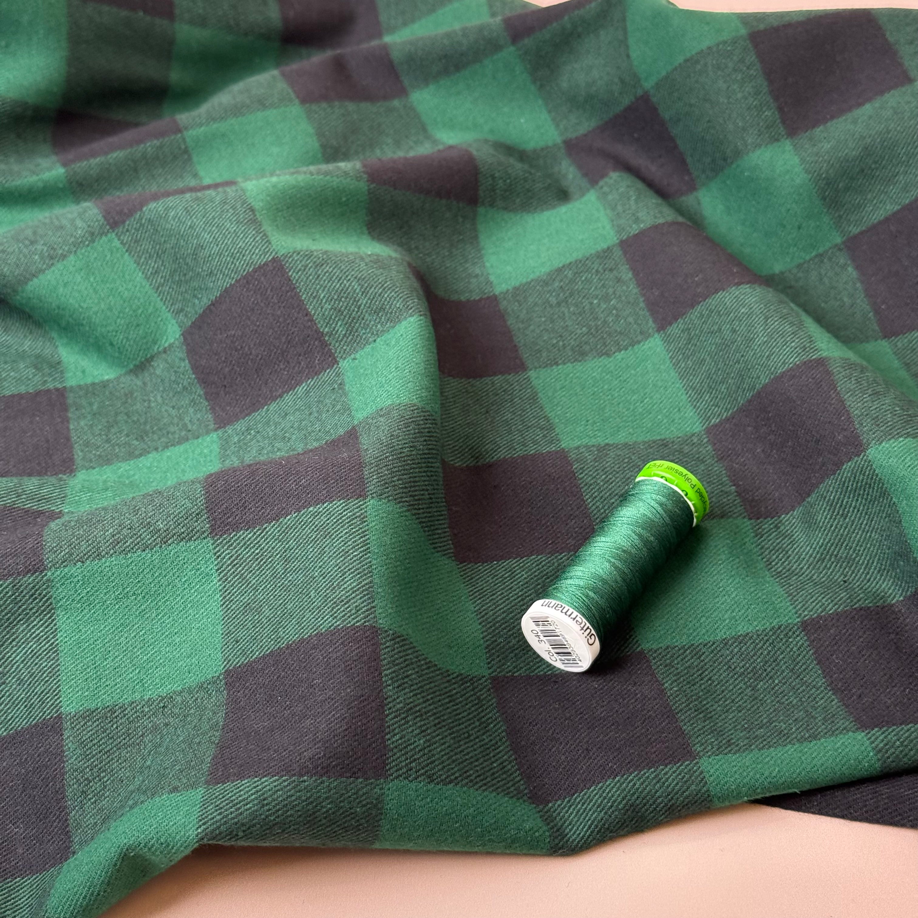 Gingham Black & Green Brushed Cotton Flannel