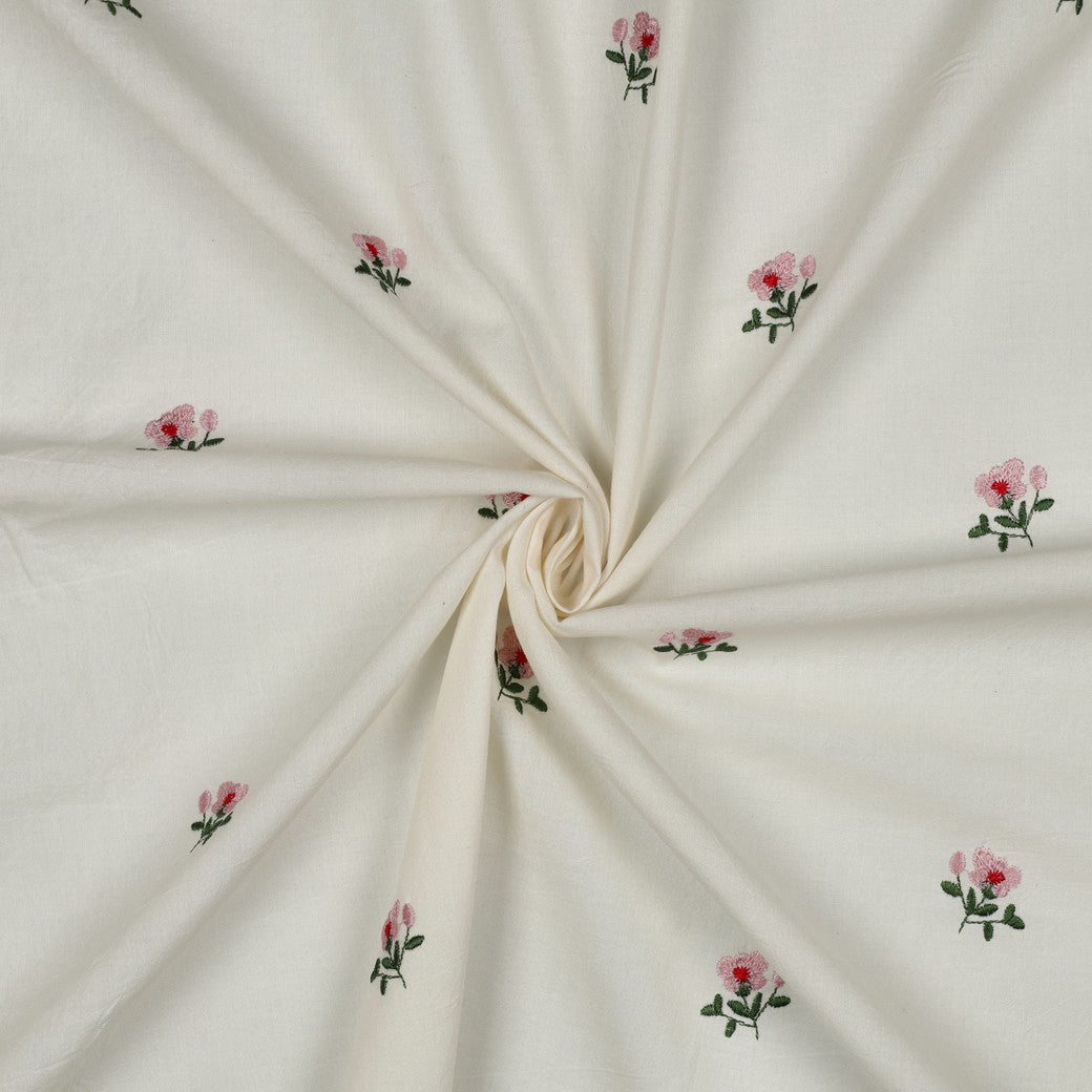 Embroidered Pink Flowers on White Cotton Fabric
