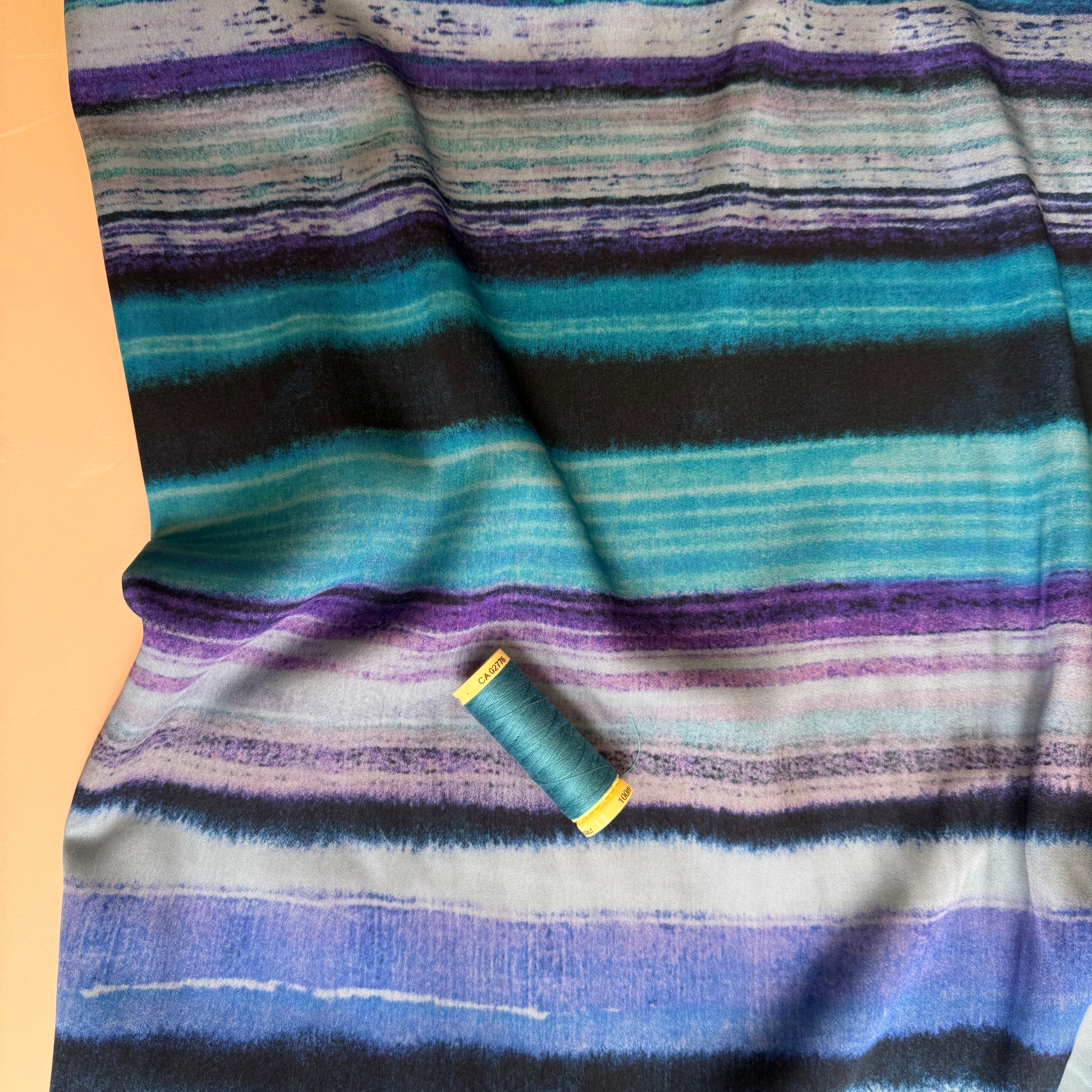 Hazy Horizontal Stripes Ocean Viscose Sateen Fabric