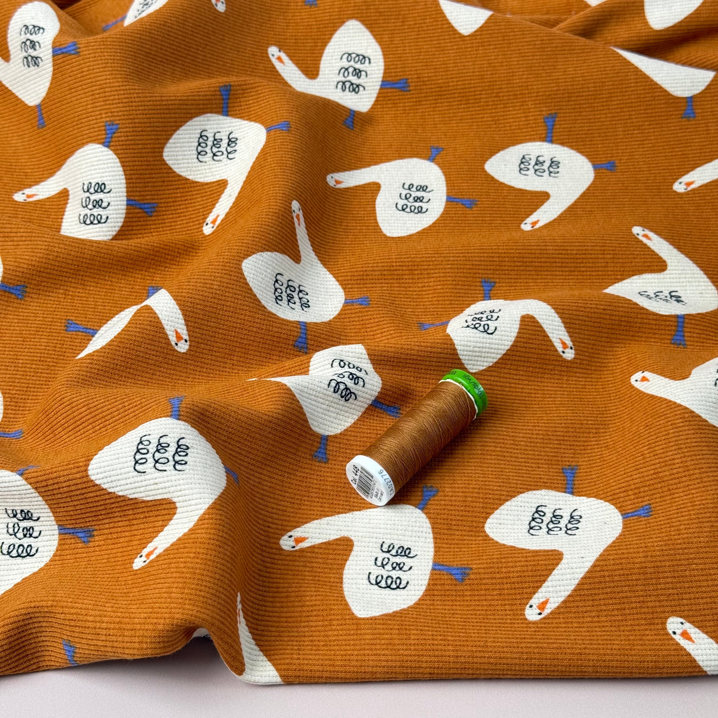 Geese on Ochre Organic GOTS Cotton Ribbed Jersey