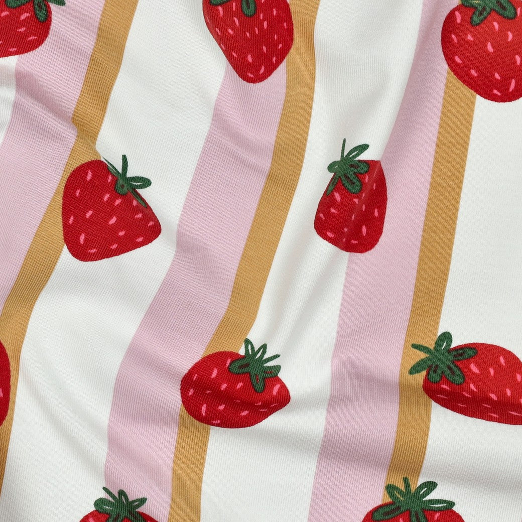 Strawberries in Lanes Pink Cotton Jersey Fabric