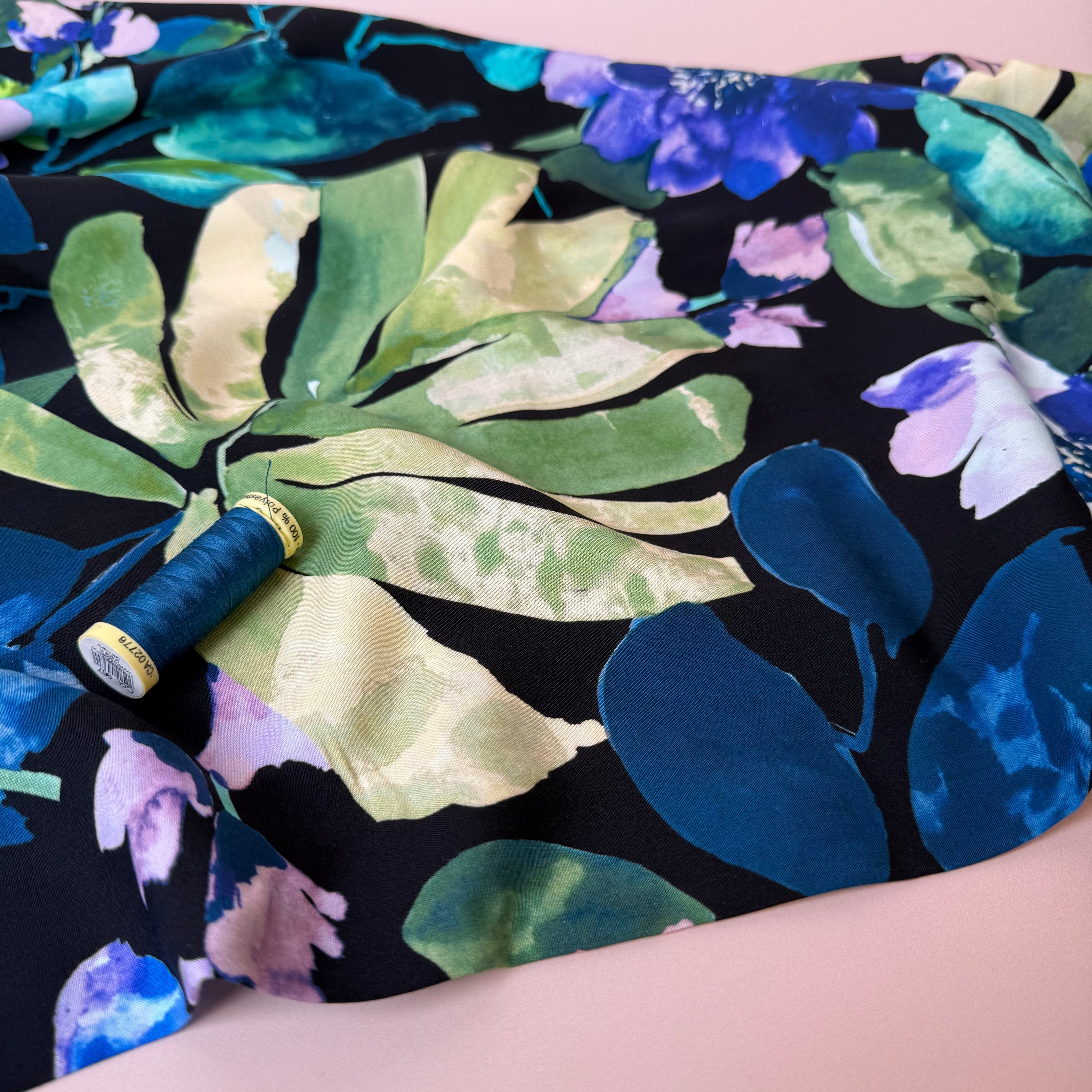 Winter Blooms with Petrol Viscose Poplin Fabric