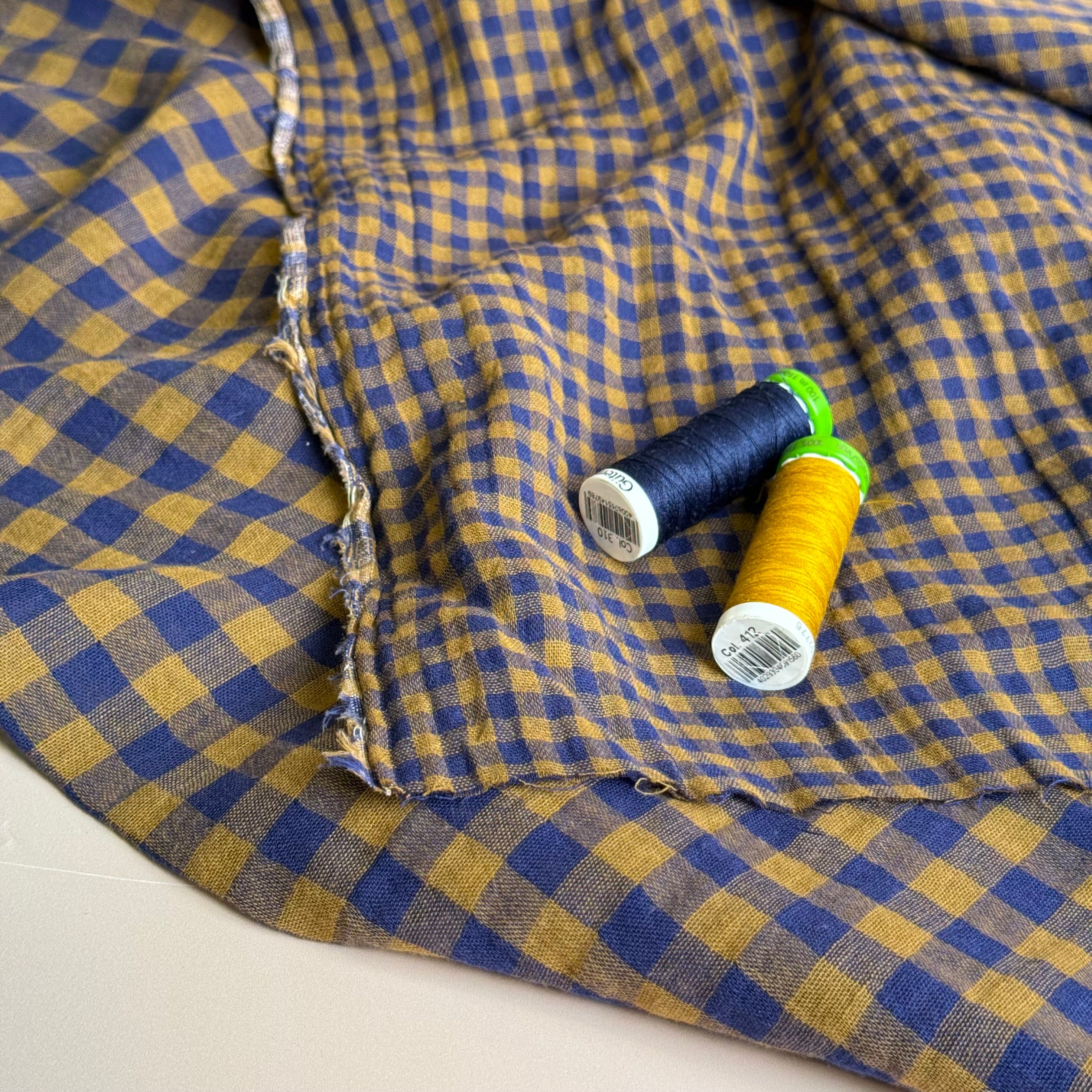 Reversible Navy & Gold Gingham Cotton Double Gauze