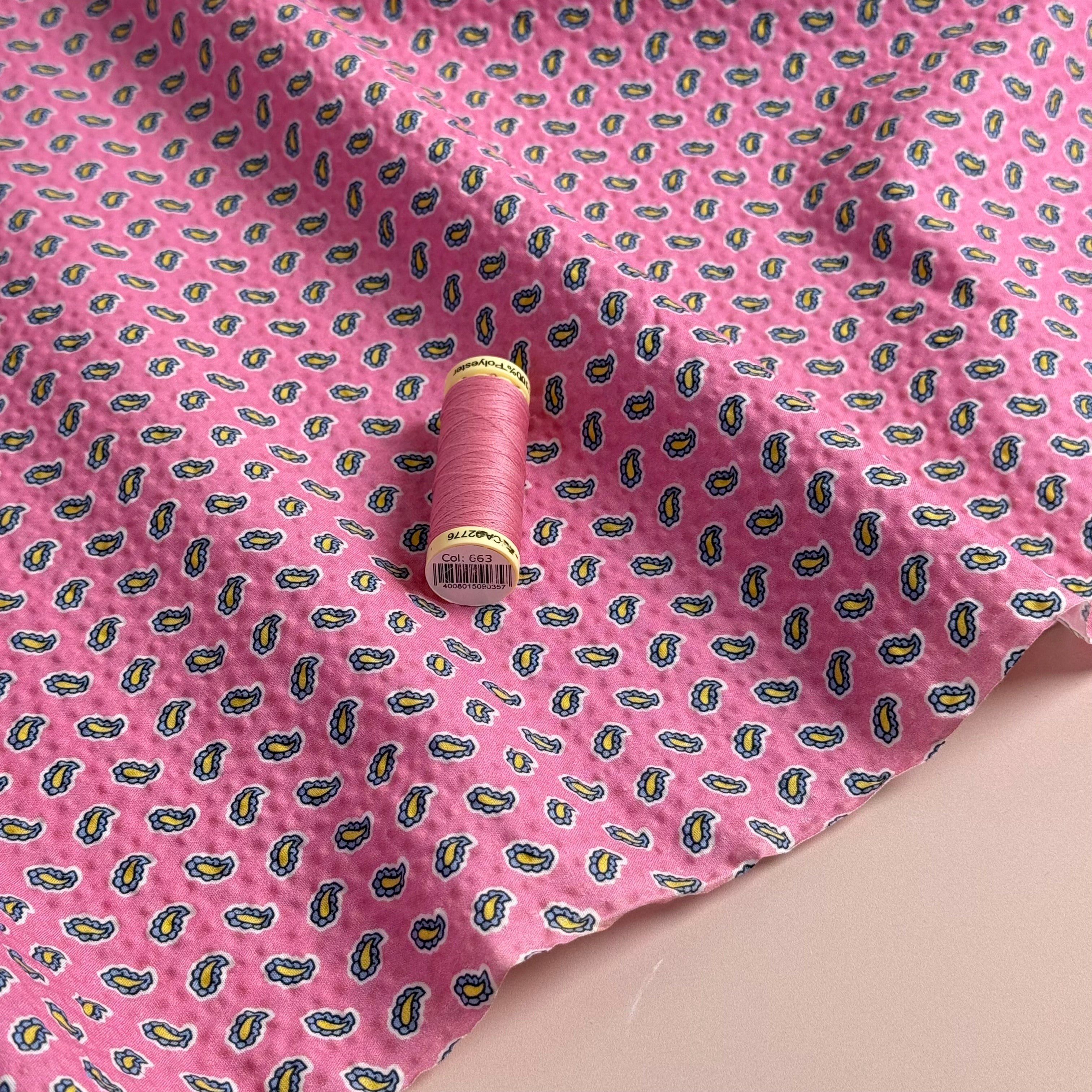 Ex-Designer Deadstock Paisley on Pink Cotton Seersucker