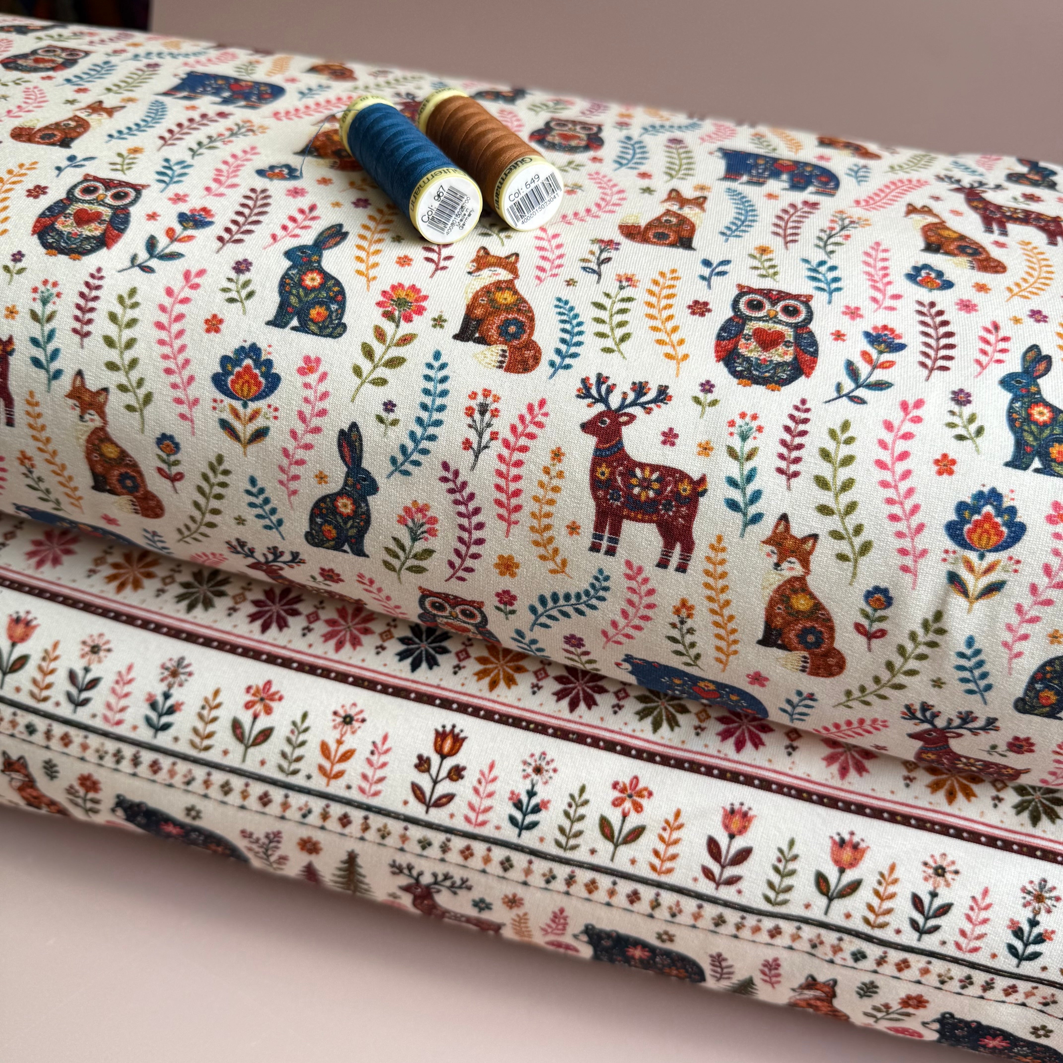 Nordic Animals & Floral Stripes Soft Cotton Sweat-shirting Fabric