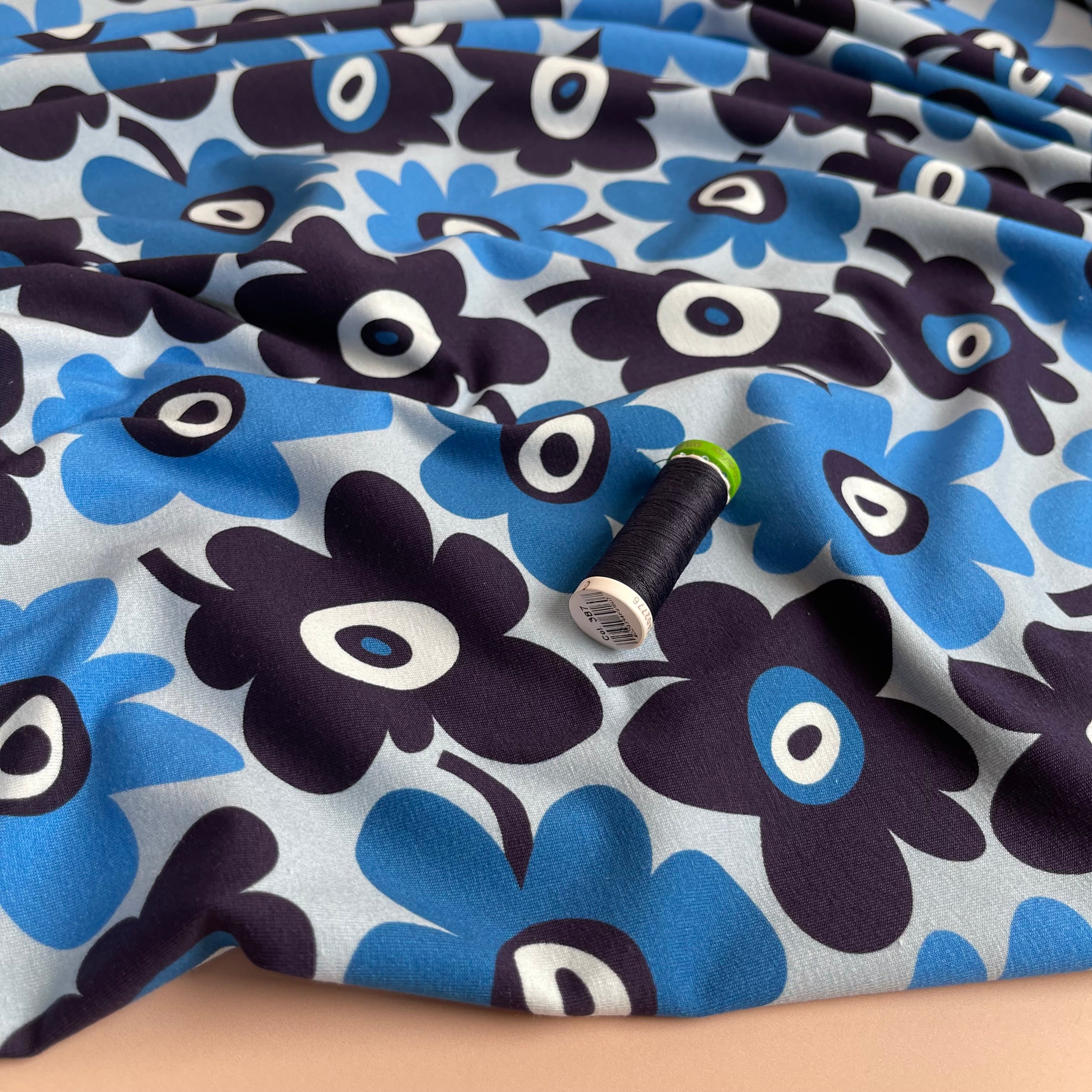 REMNANT 0.5 Metre - Danish Design - Graphic Flowers Blue Cotton Jersey Fabric