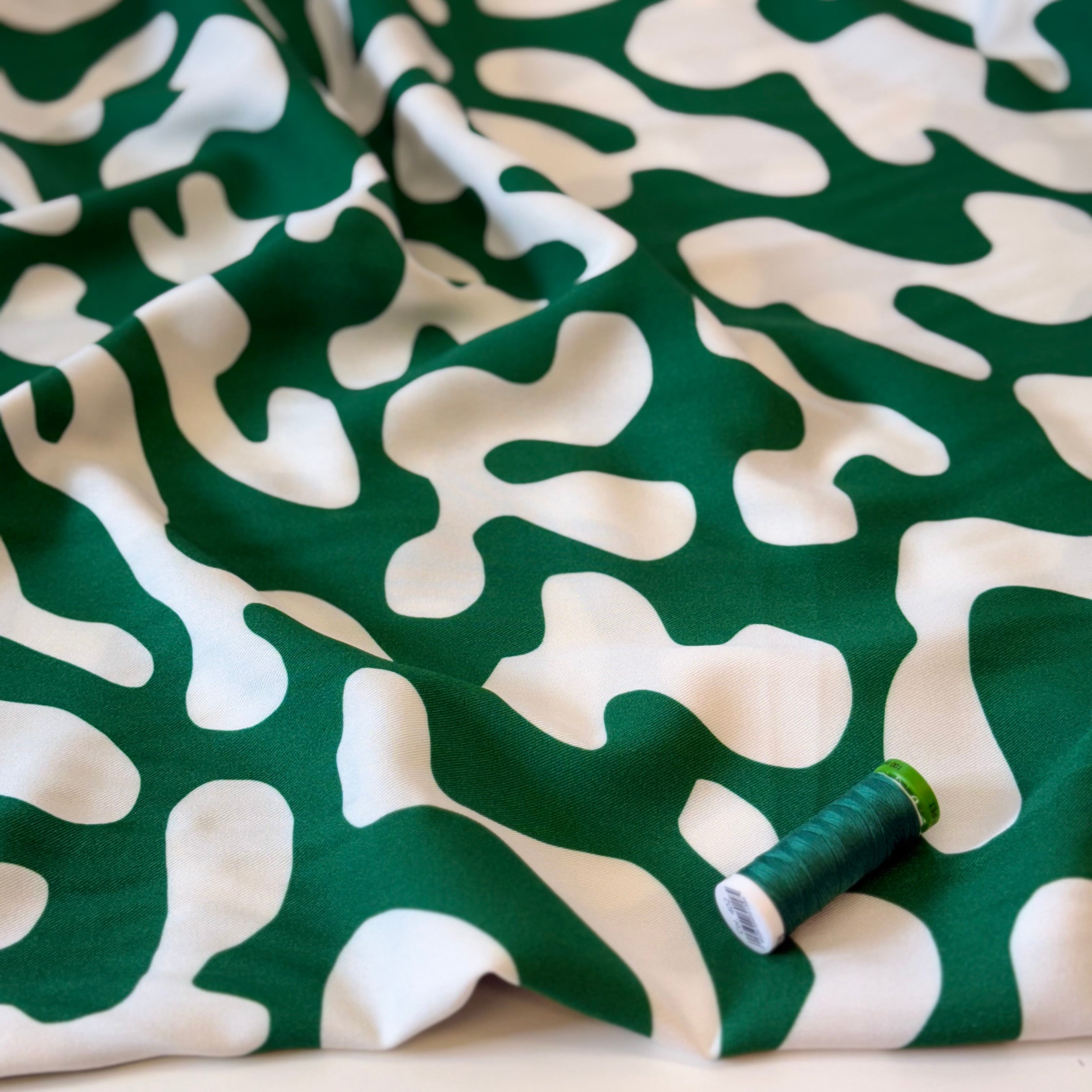 Light & Lush - Shapes on Emerald Viscose Twill Fabric