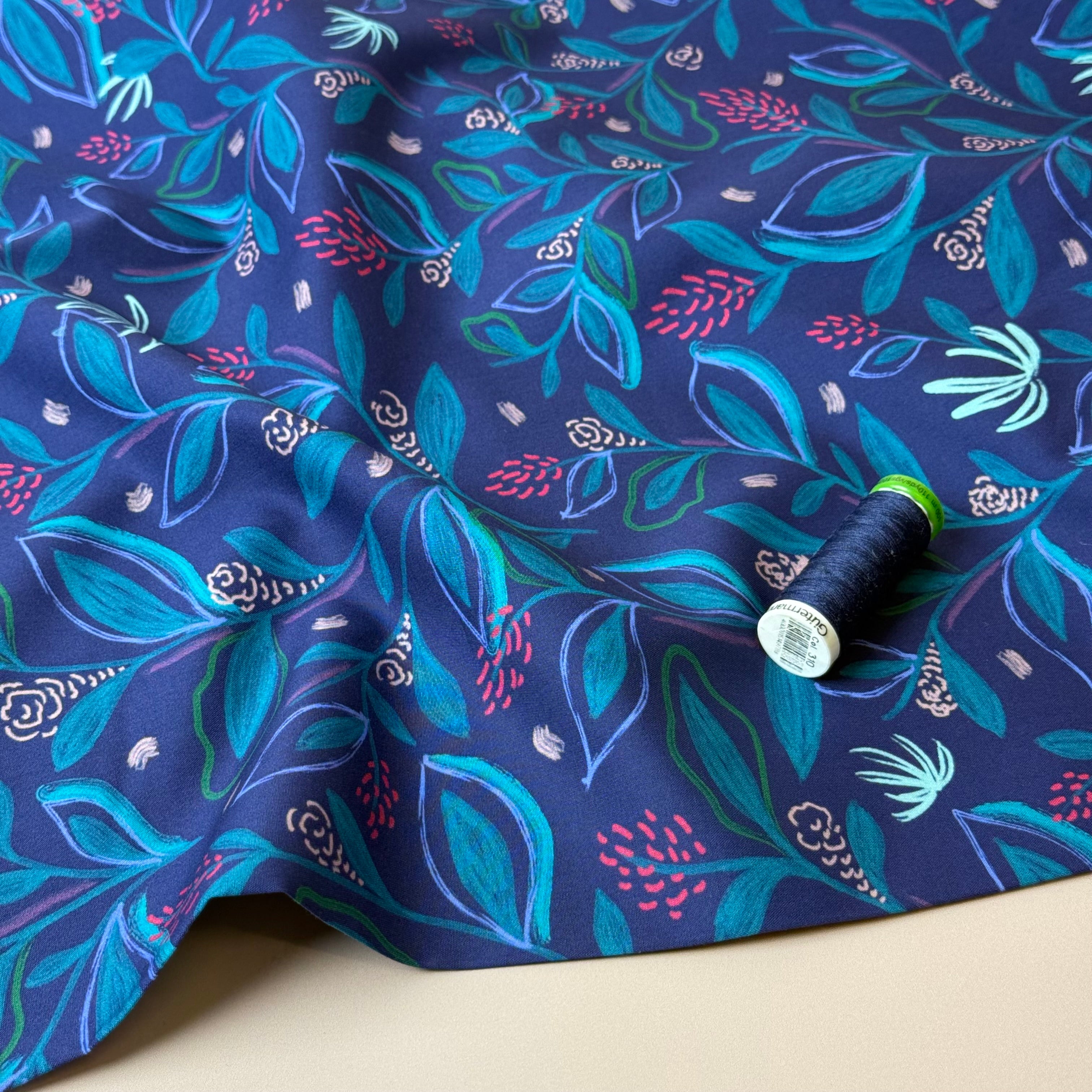 Flowering Branches in Blue Fine Cotton Poplin Fabric