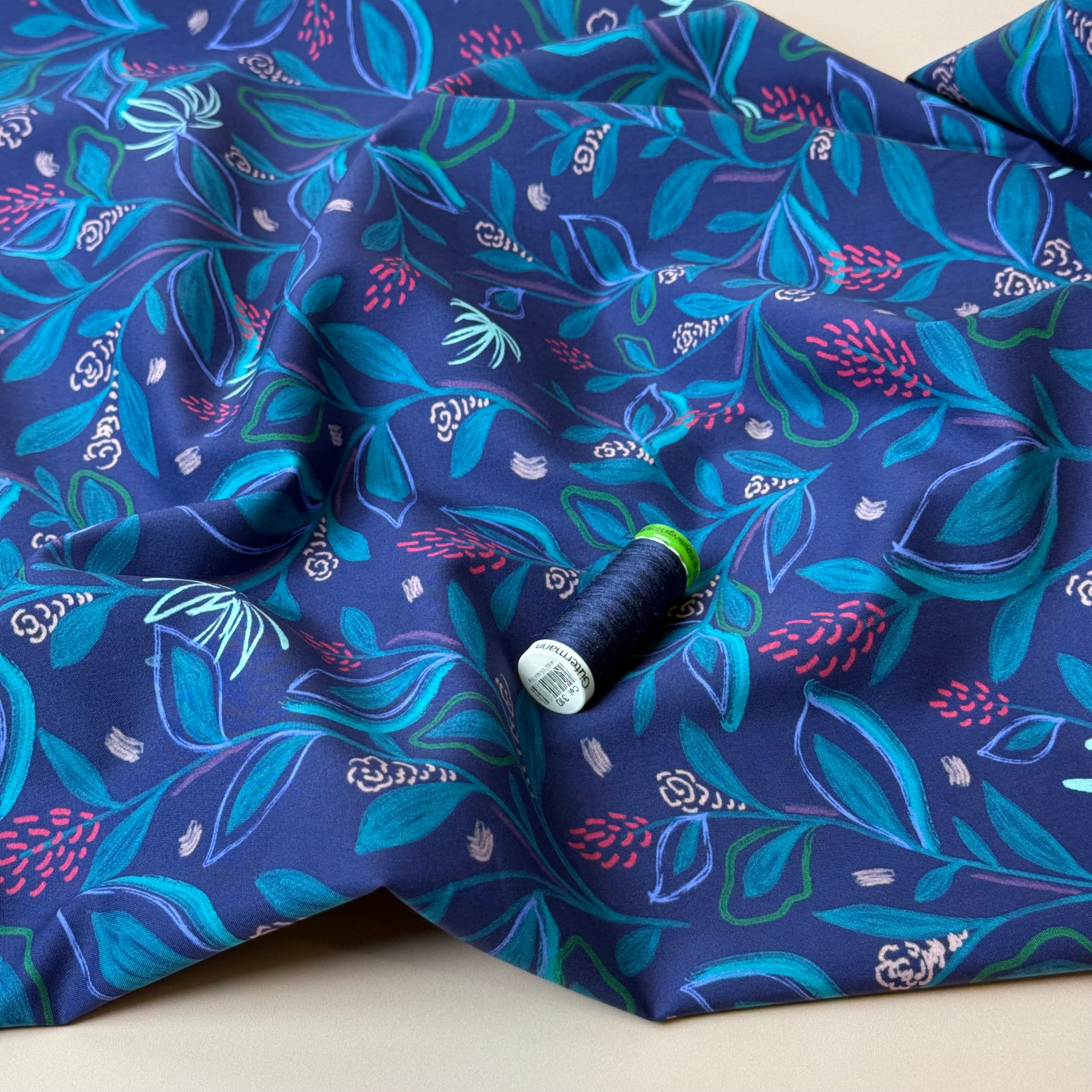 Flowering Branches in Blue Fine Cotton Poplin Fabric