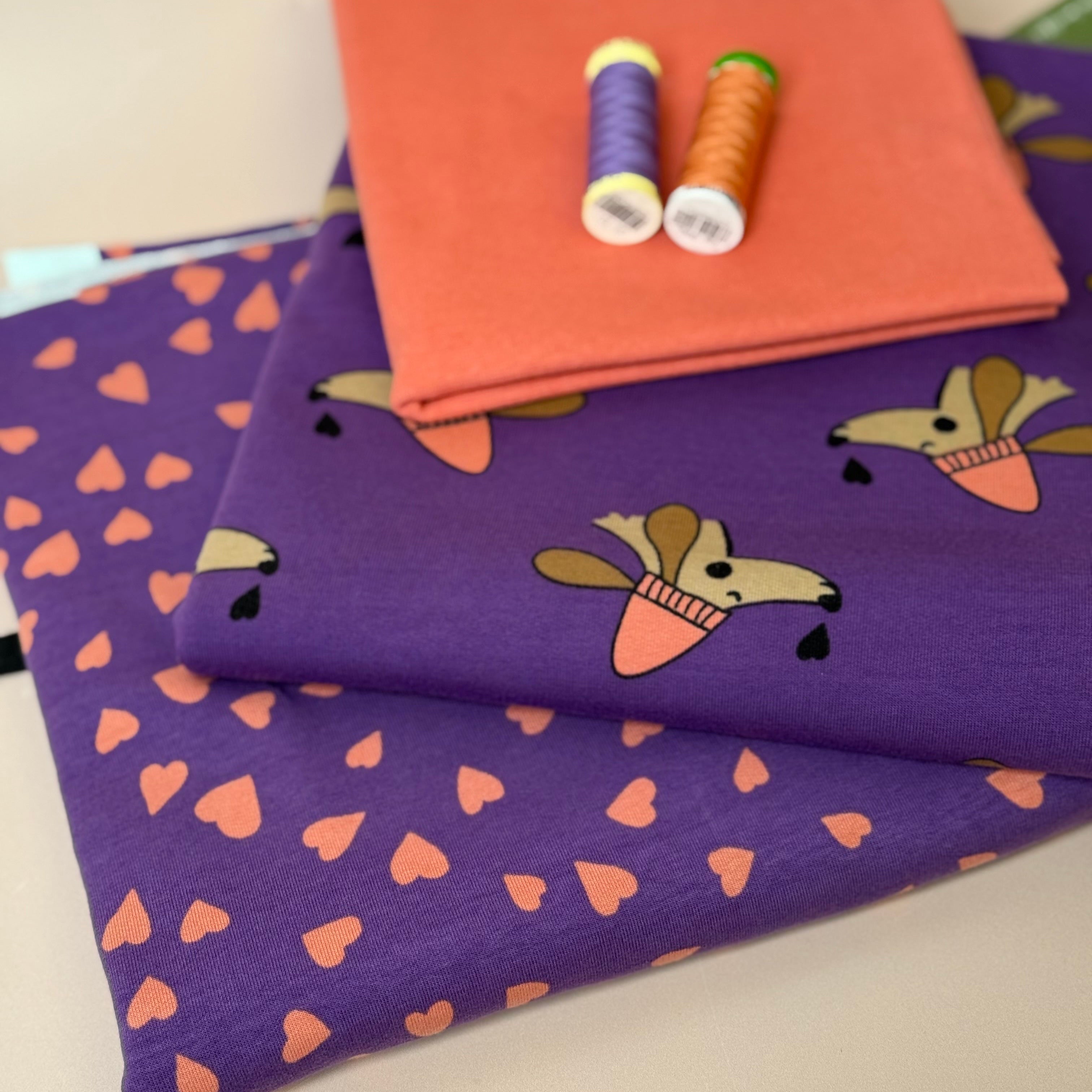 Make an Outfit Colour Bundle - Dogs and Heart Purple Cotton Sweat-shirting with Ribbing