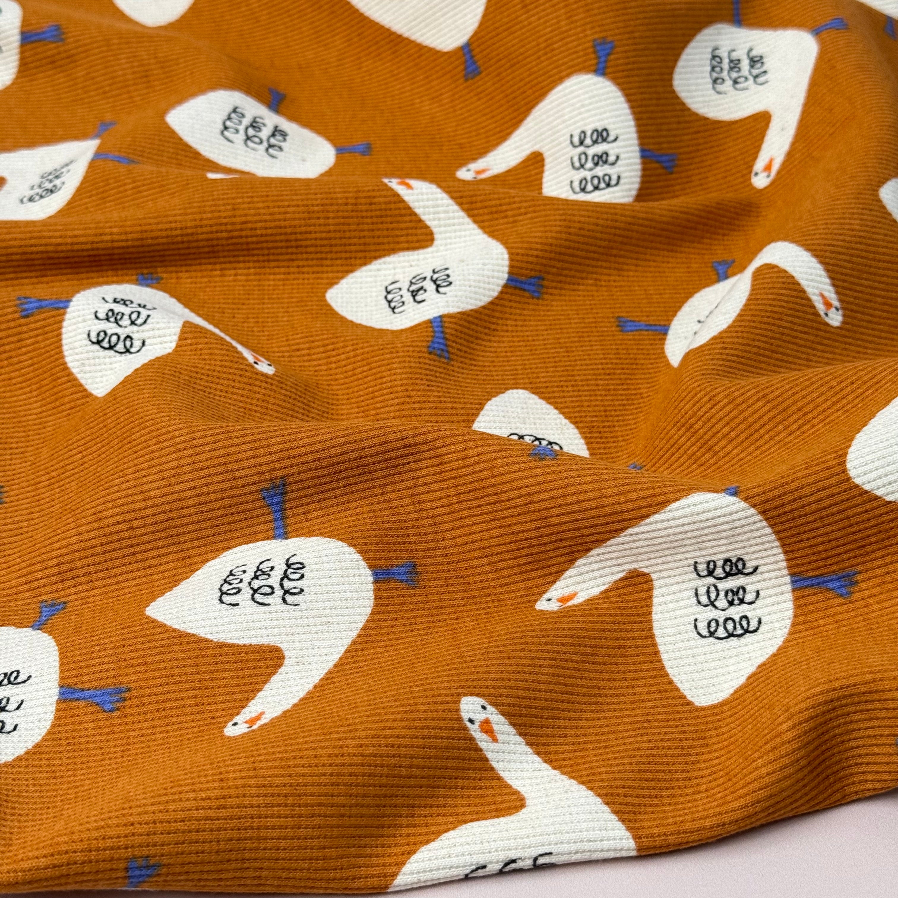 Geese on Ochre Organic GOTS Cotton Ribbed Jersey