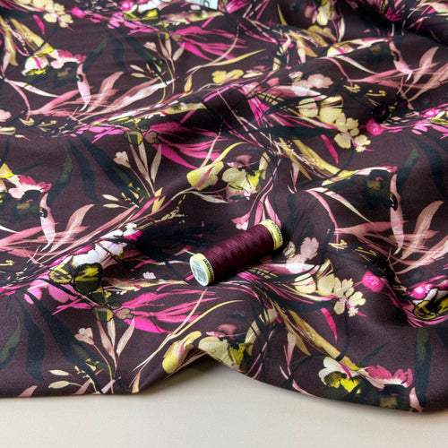 Autumn Foliage Aubergine Viscose Sateen Fabric