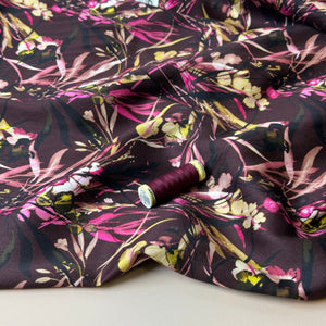 Autumn Foliage Aubergine Viscose Sateen Fabric