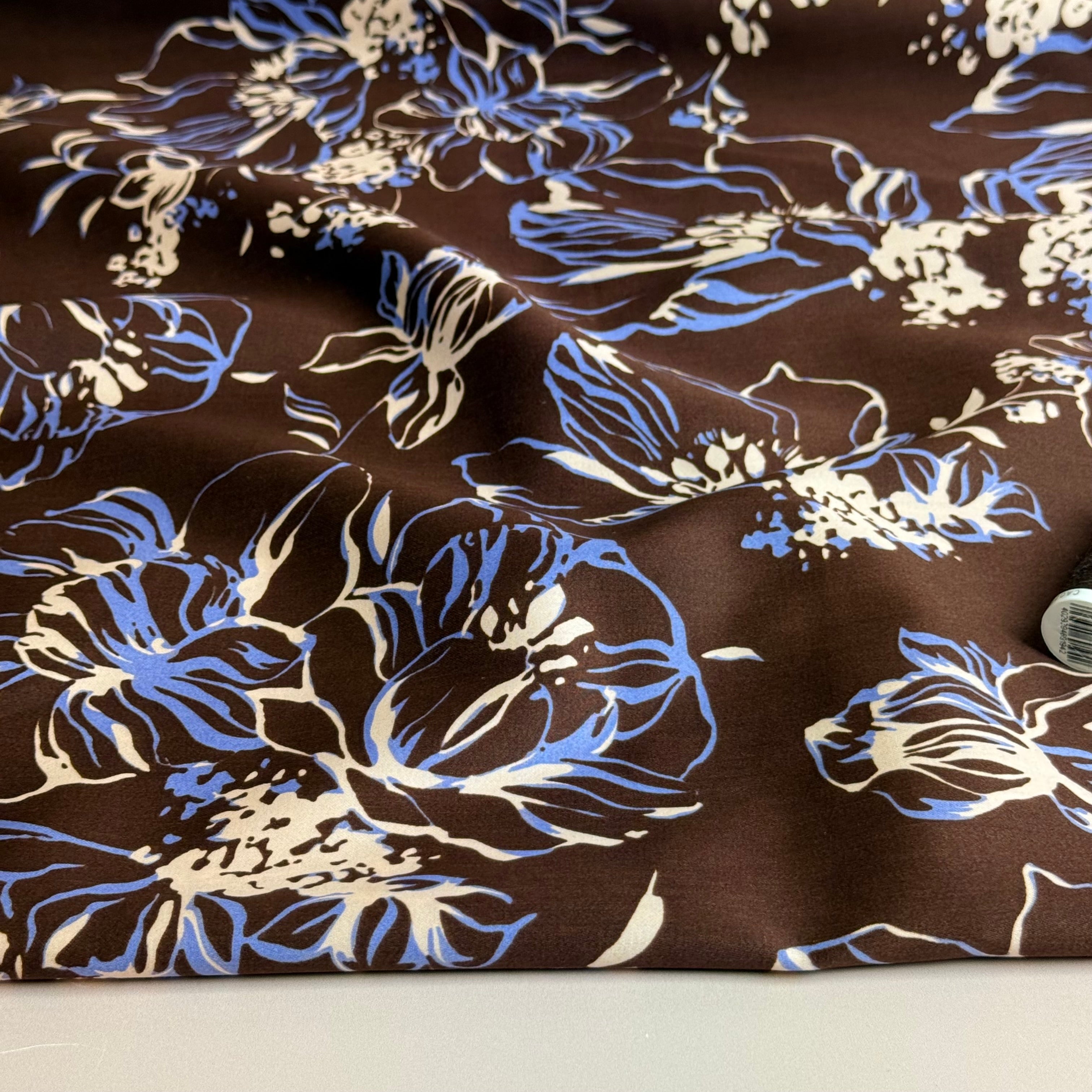 Line Flowers on Brown Cotton Sateen Fabric