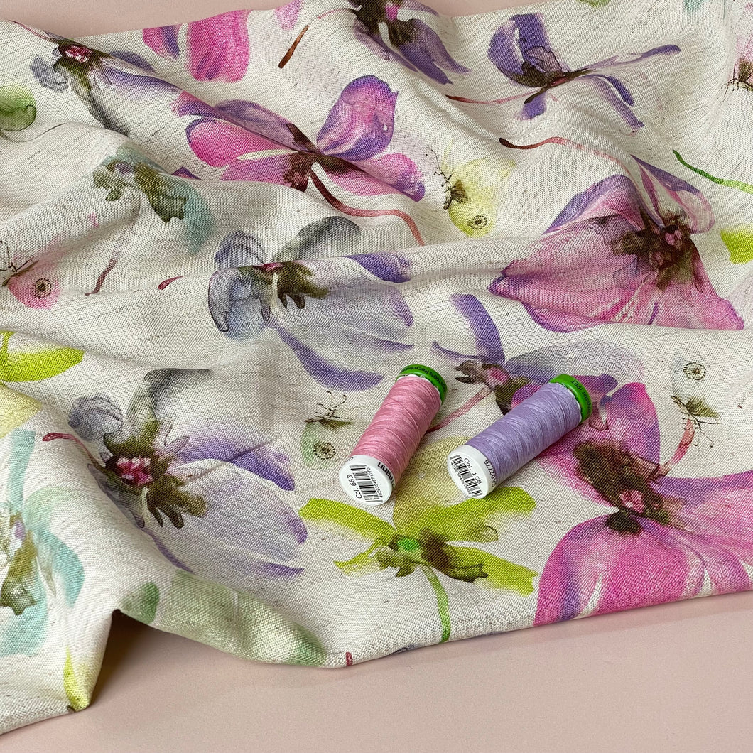 Pink Florals Viscose Linen Fabric