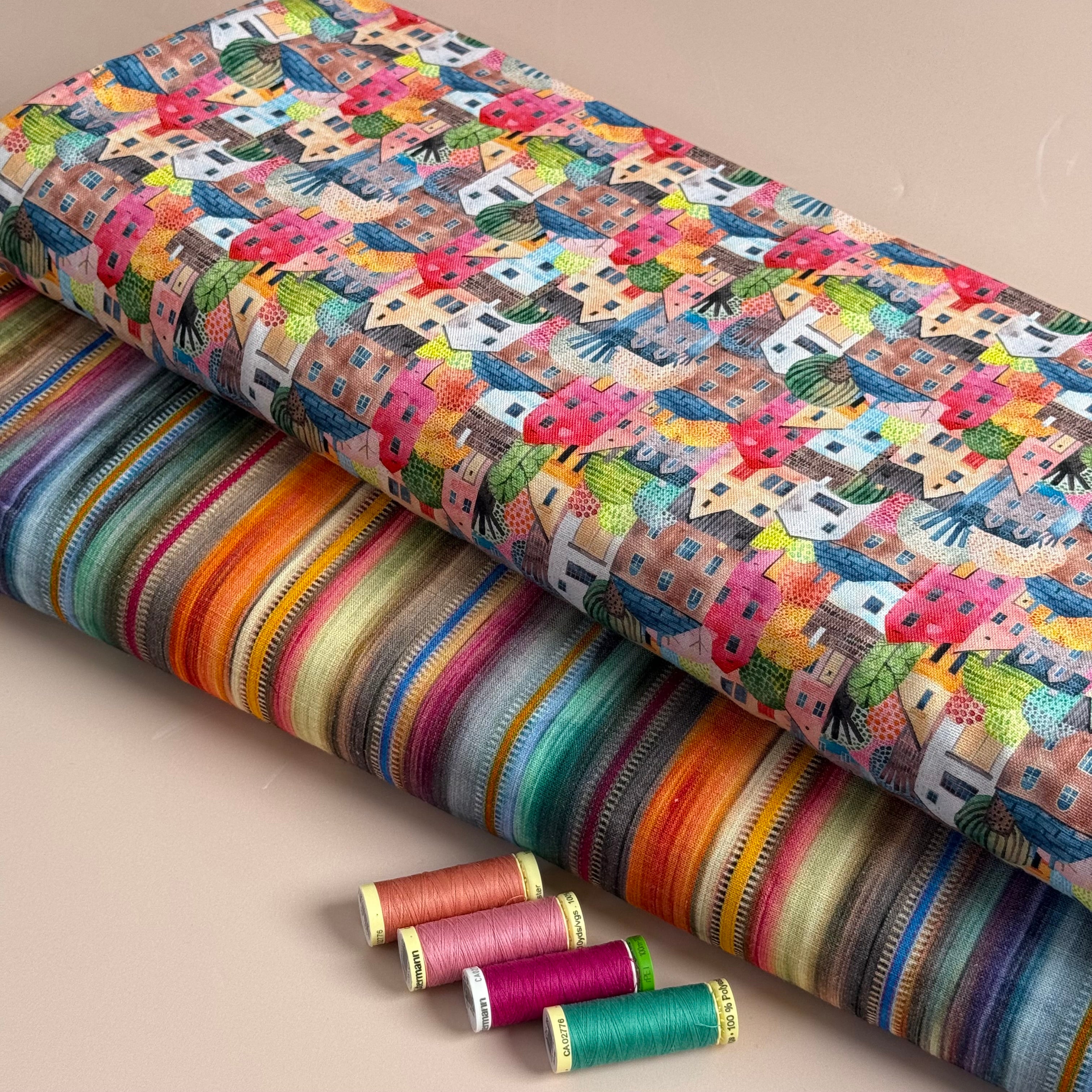 REMNANT 0.63 Metre - Rainbow Houses Viscose Linen Fabric