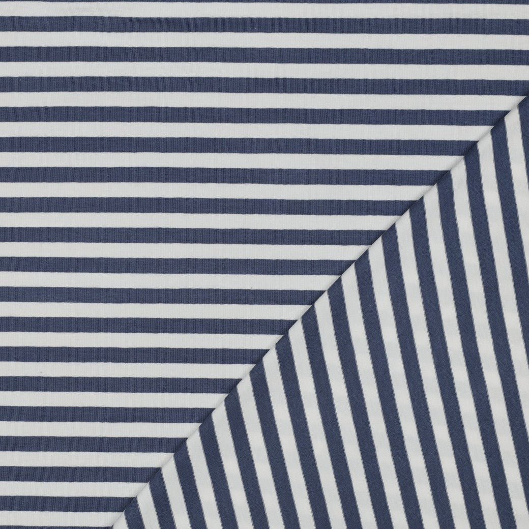 Yarn Dyed Denim Blue Breton Stripe Cotton Jersey Fabric