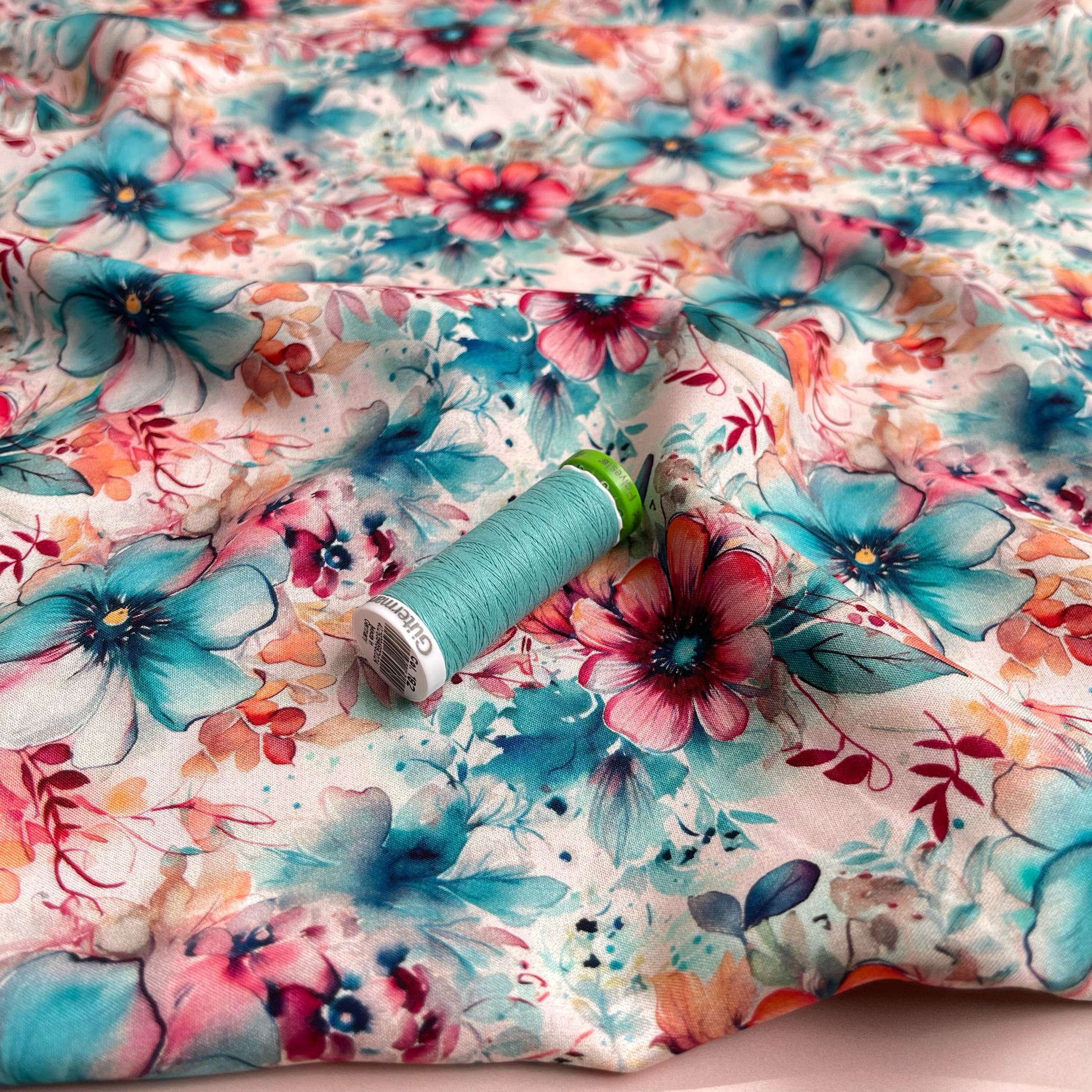 Watercolour Flowers in Turquoise and Pink Viscose Poplin Fabric