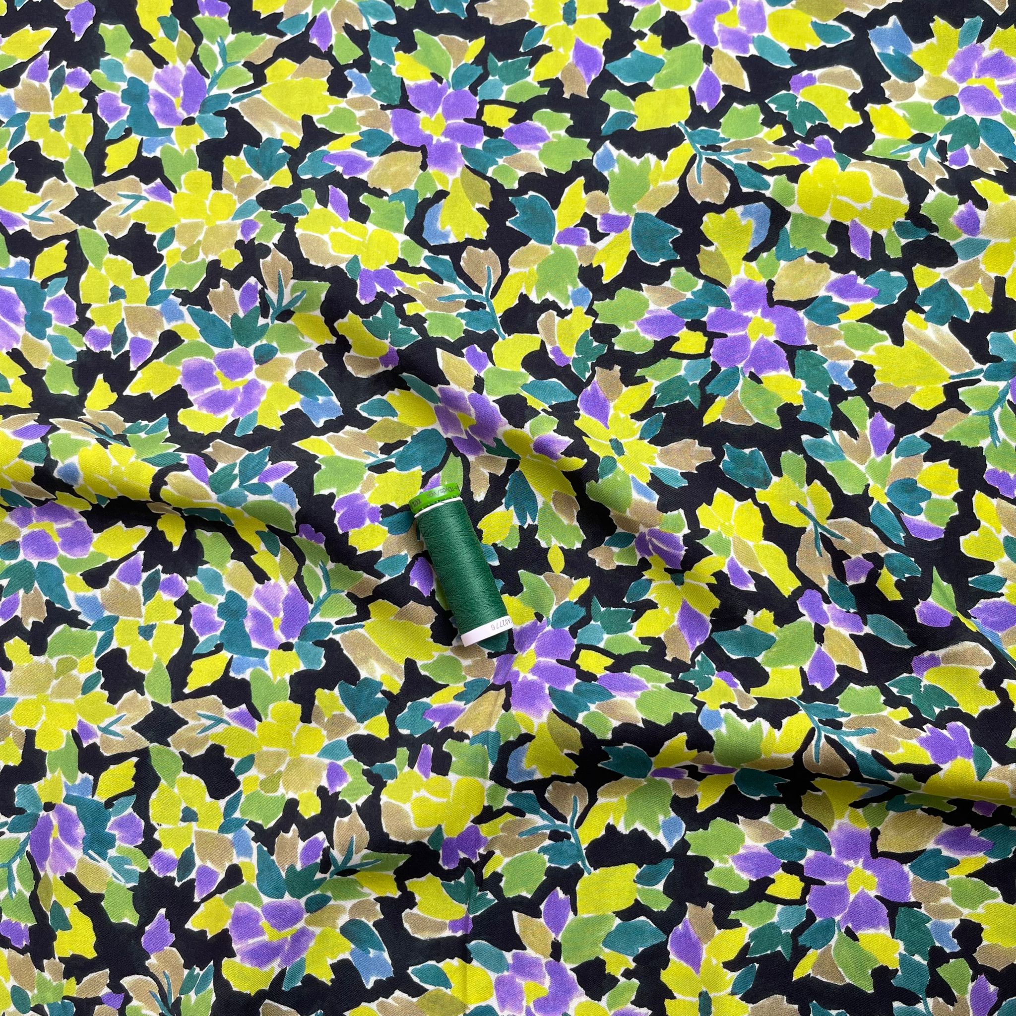 Meadow Flowers in Lime and Purple Viscose Fabric