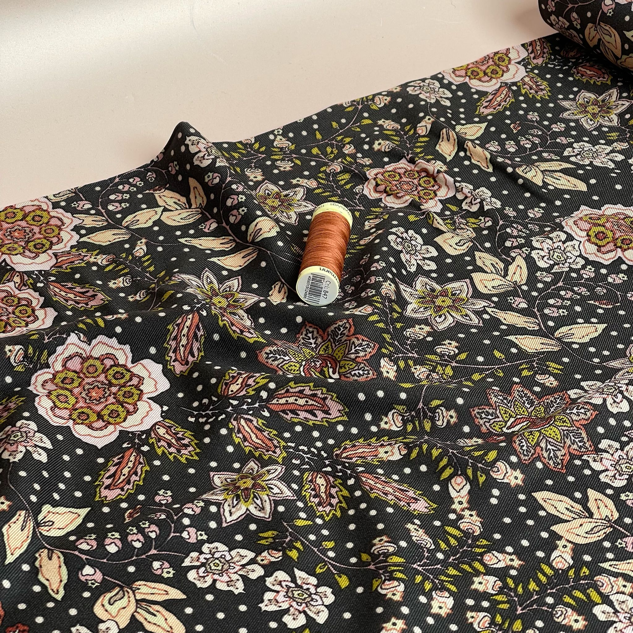 Autumn Paisley Flowers on Black Viscose Twill Fabric