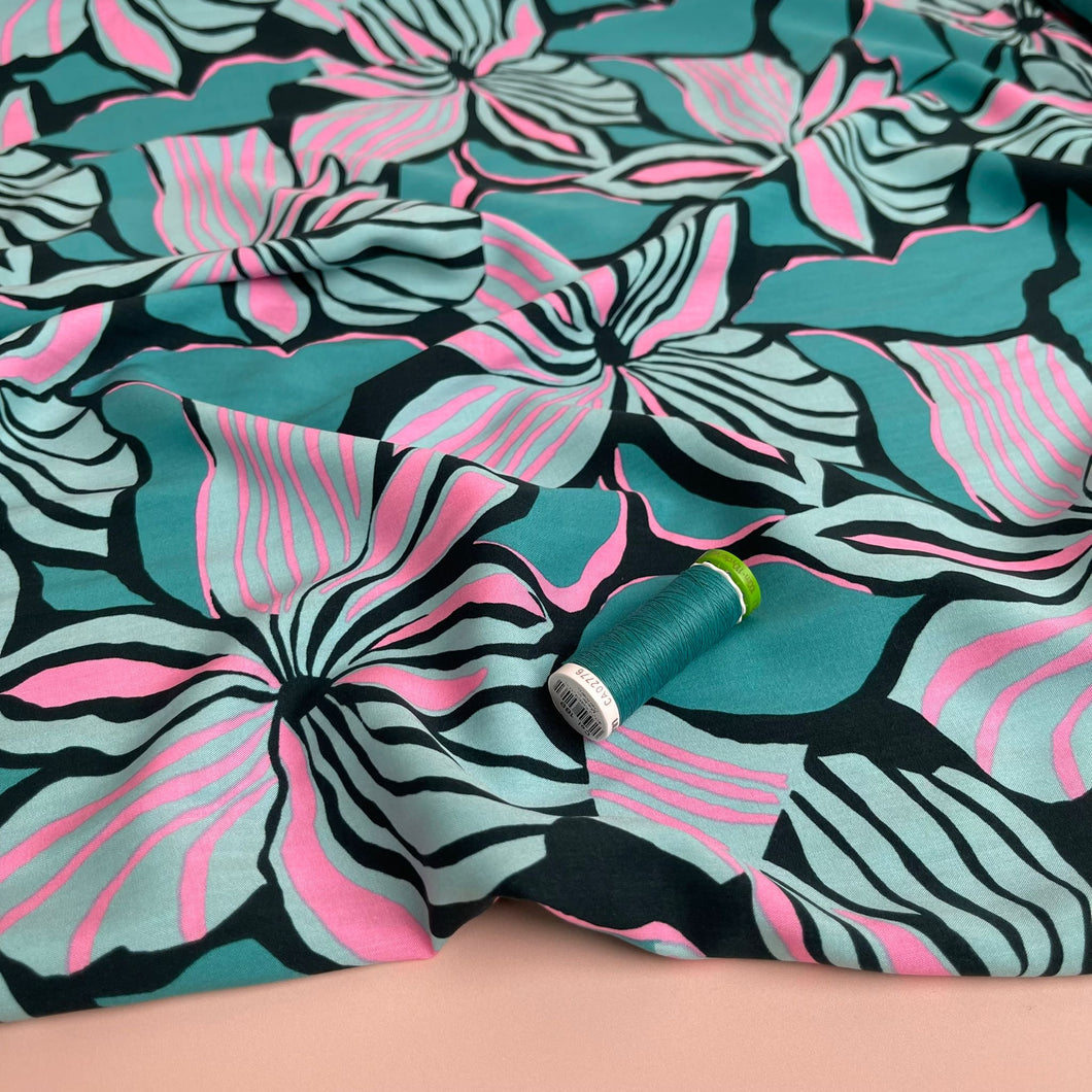 Bold Painted Flowers on Black LENZING™ ECOVERO™ Viscose Fabric