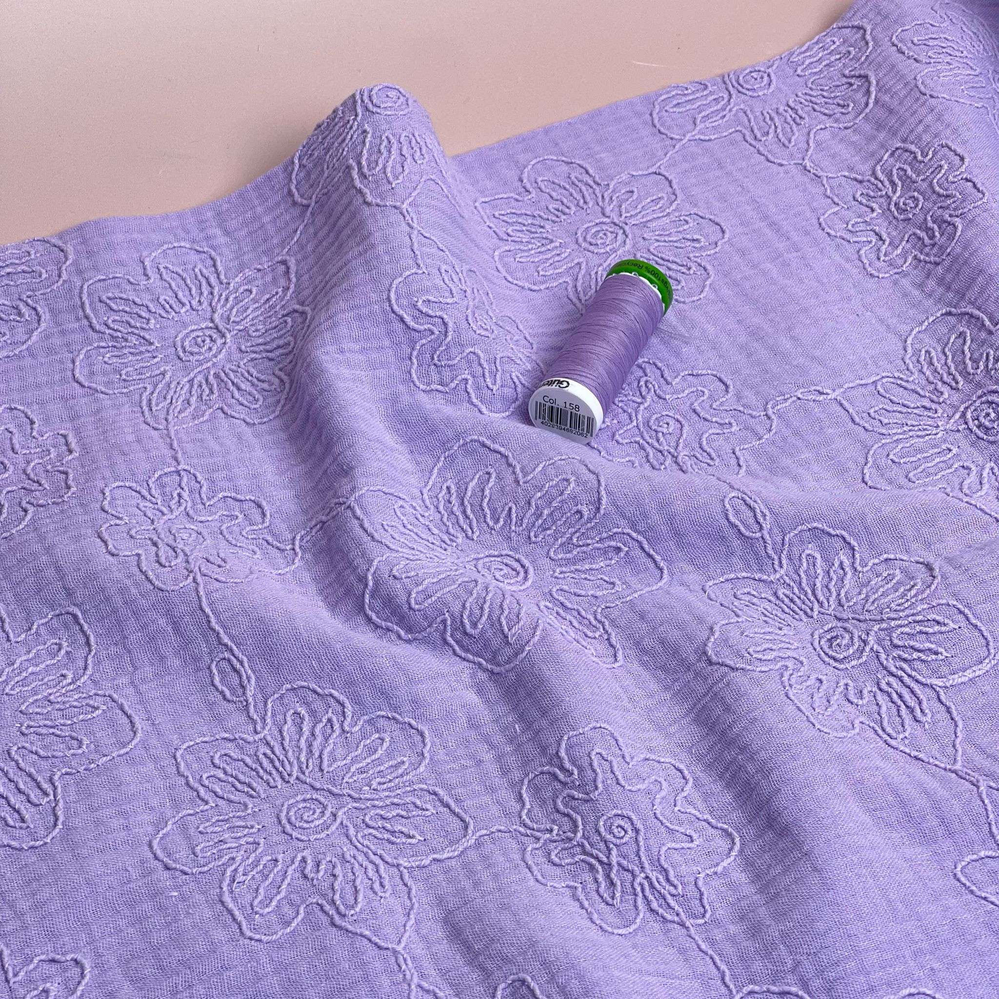 Embroidered Blooms on Lilac Cotton Double Gauze