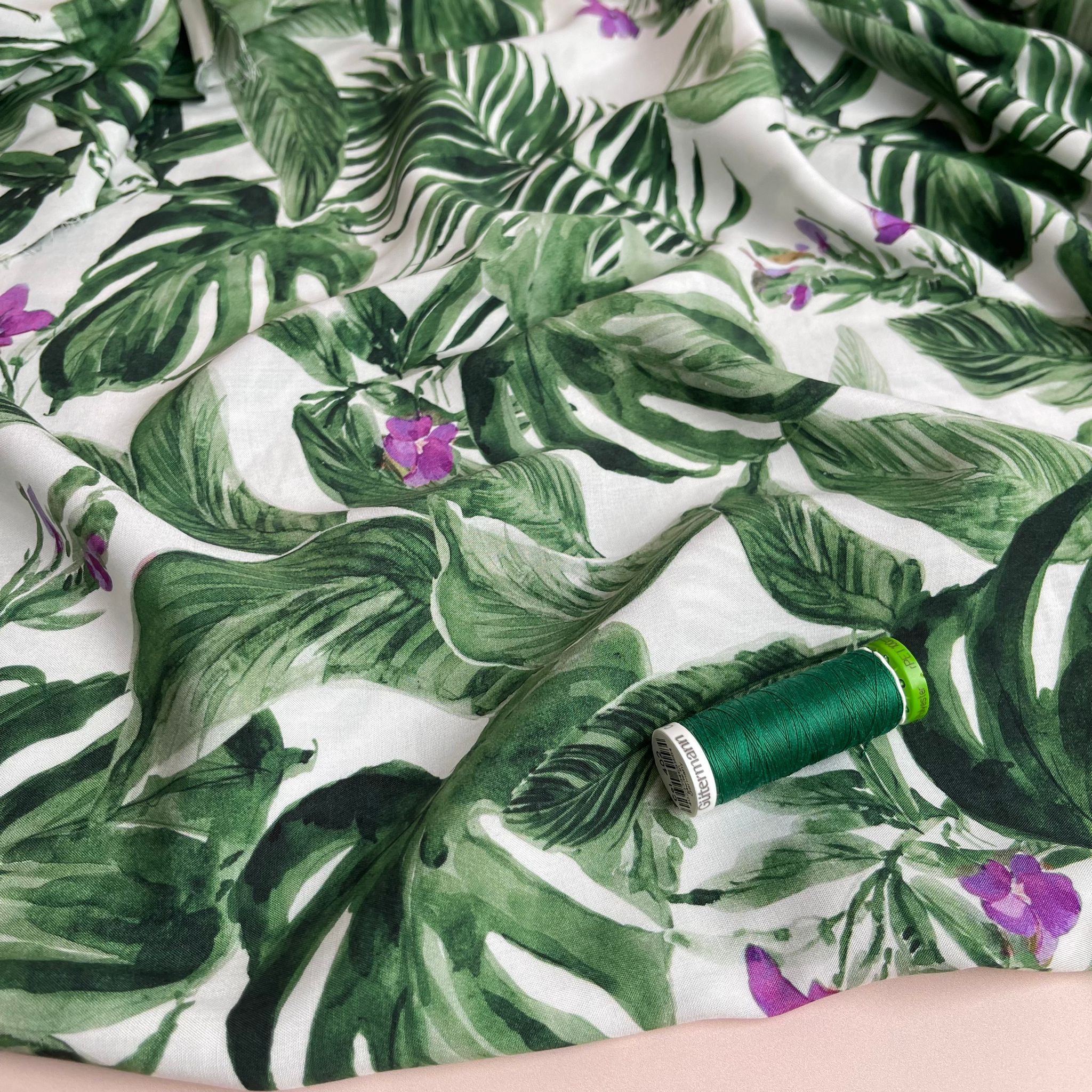 Tropical Plants on White Viscose Fabric