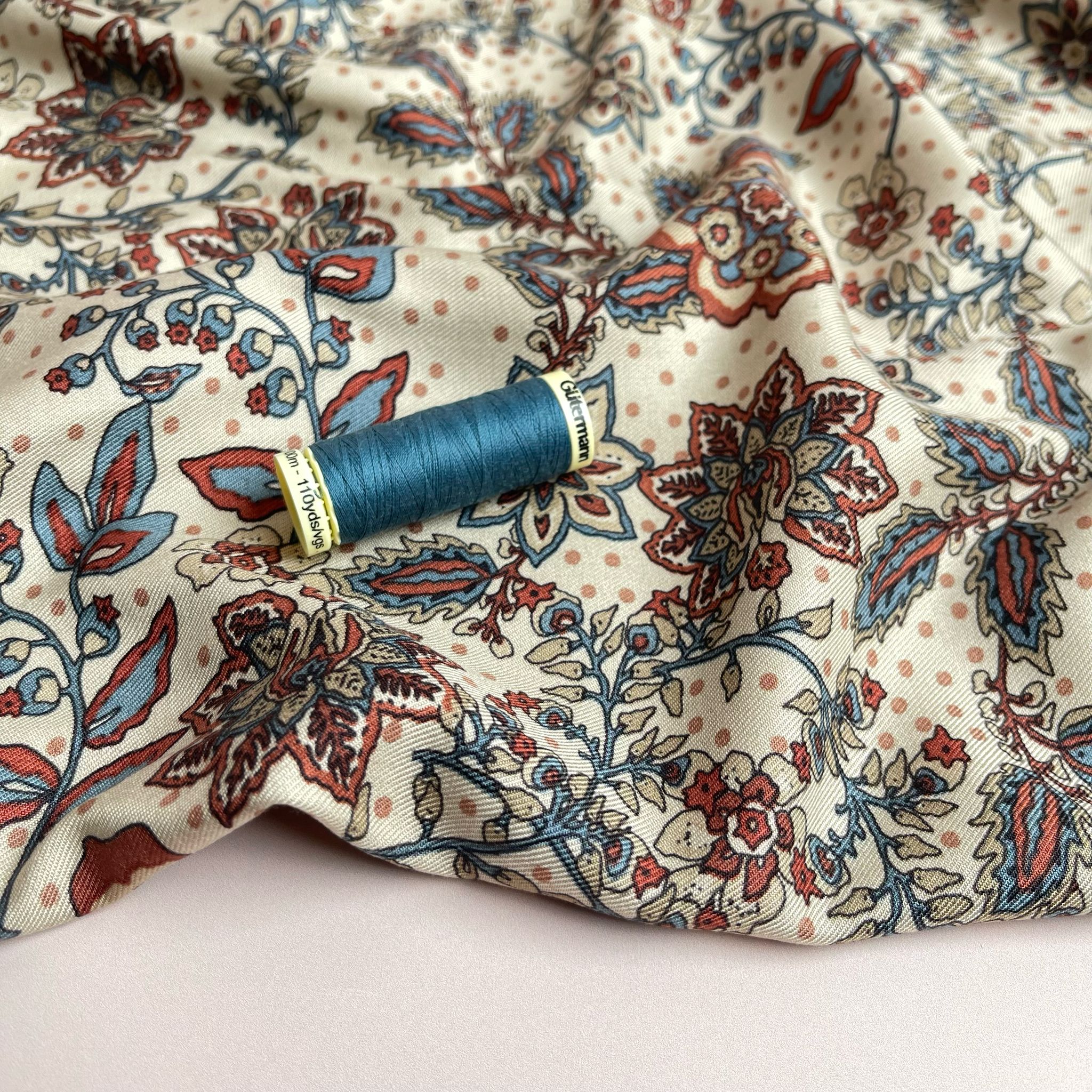 Autumn Sunset Paisley Flowers on Cream Viscose Twill Fabric