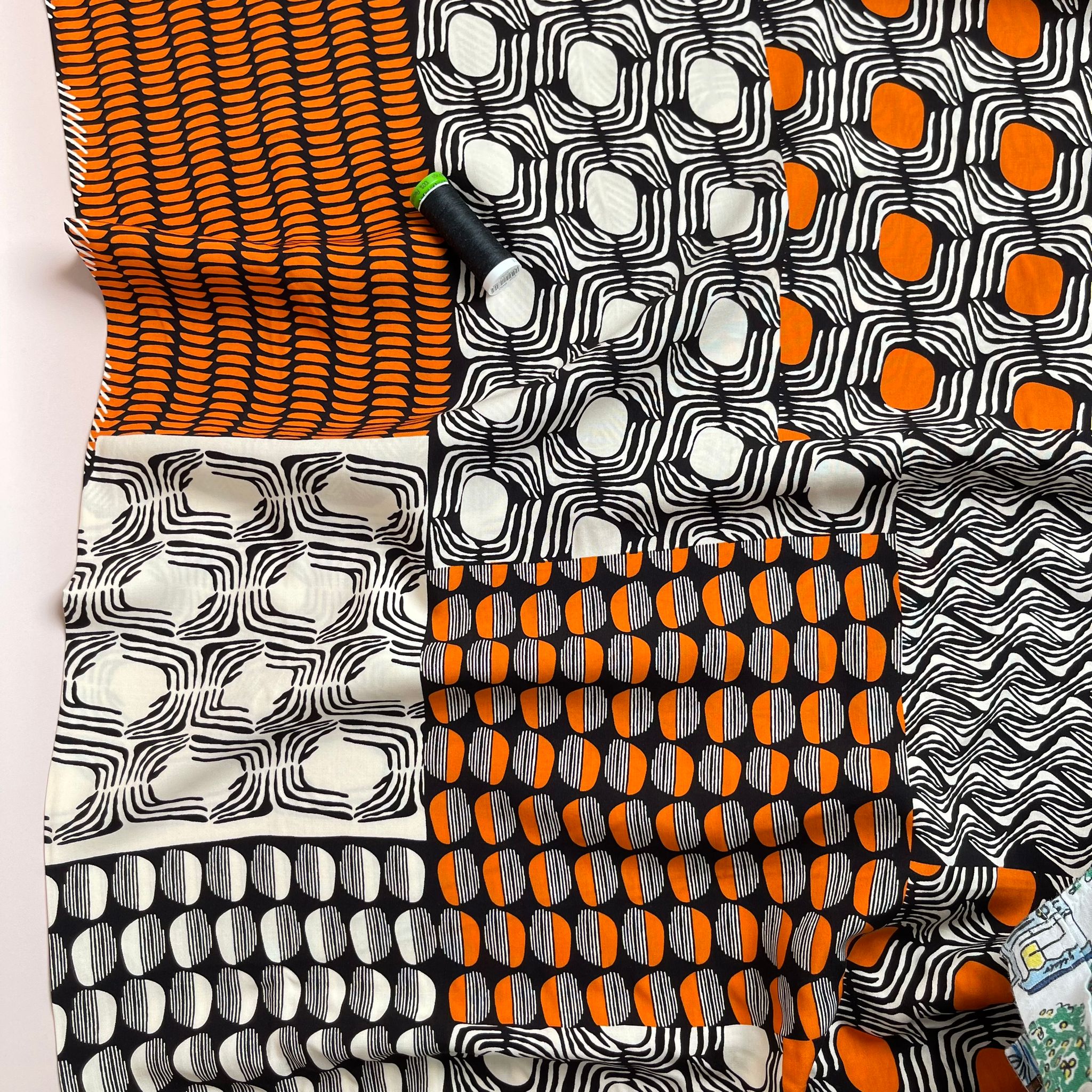 Patchwork Graphics in Orange Viscose Poplin Fabric