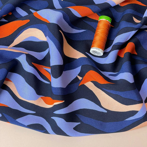 Abstract Waves Navy LENZING™ ECOVERO™ Viscose Fabric