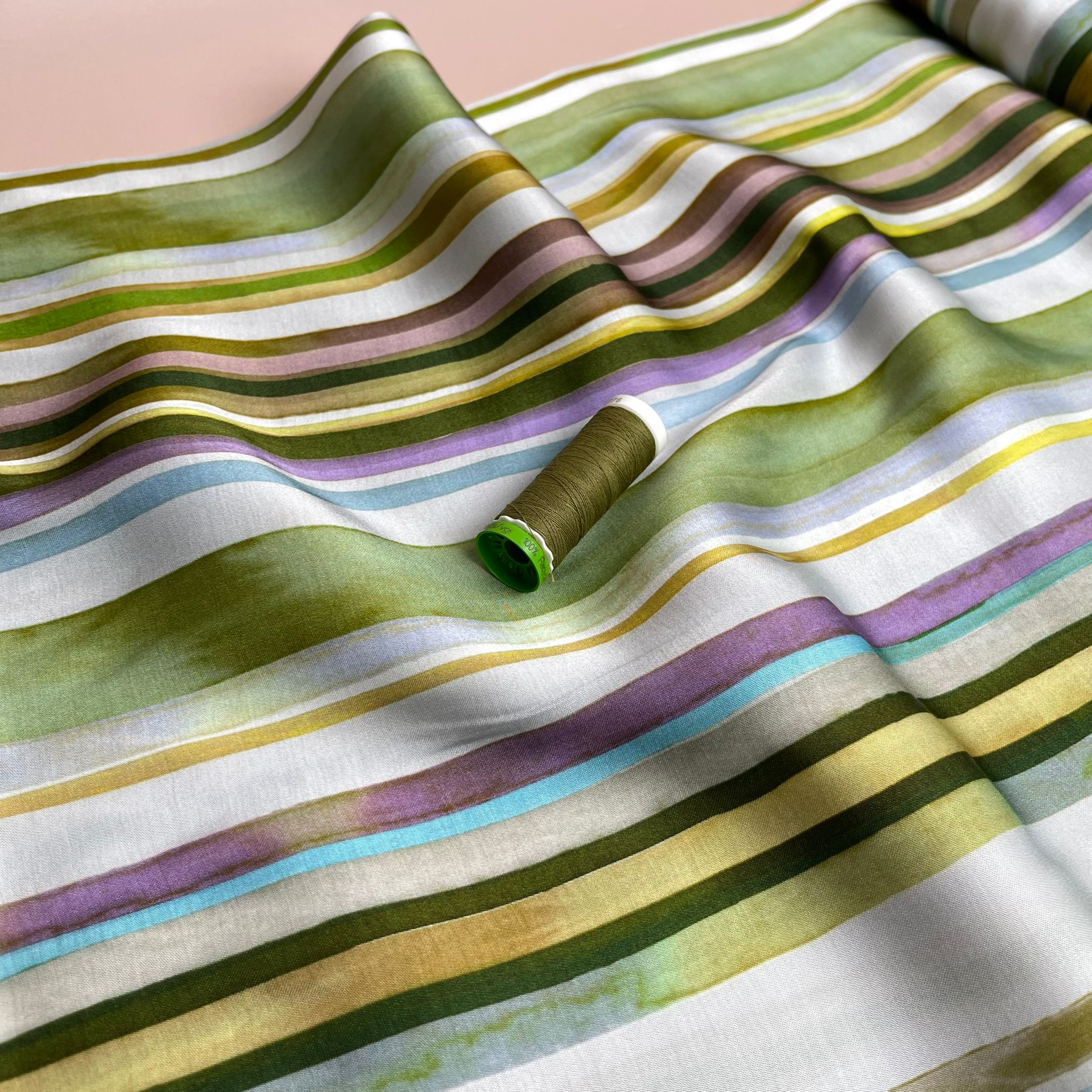 Summer Stripes Green Viscose Sateen Fabric