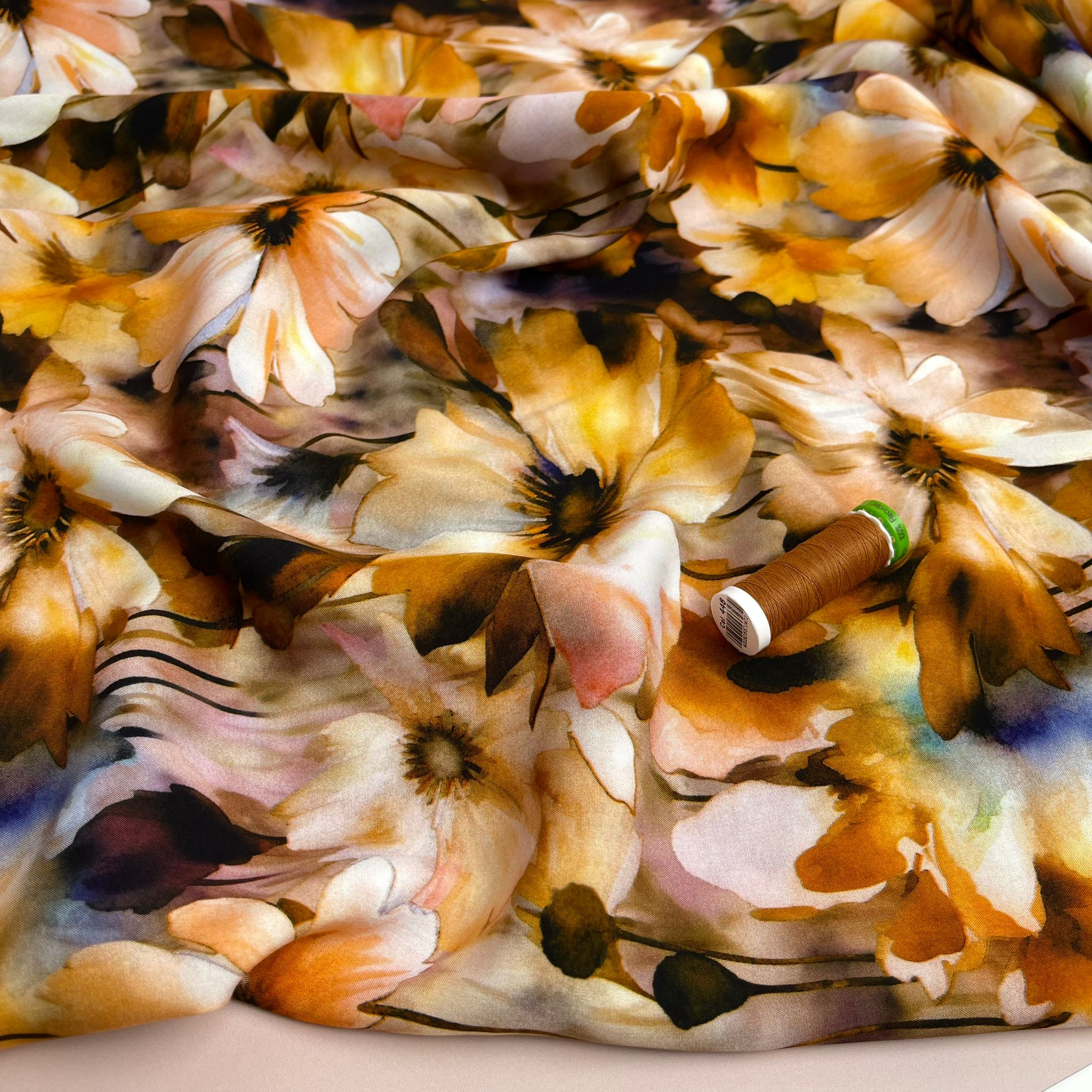 Sunrise Flowers in Brown Viscose Poplin Fabric